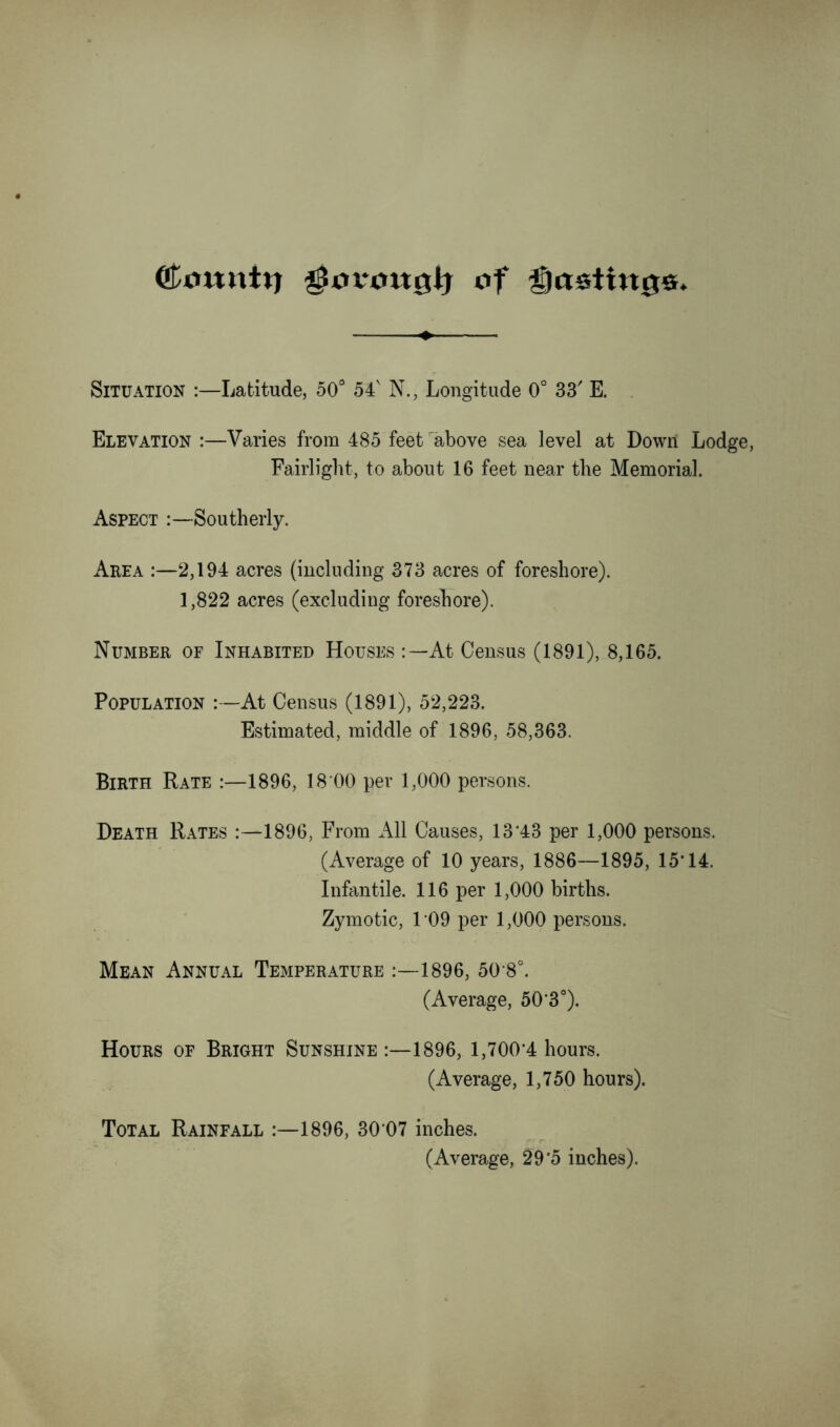 (£<mnttj ^uvoitglj of Hastings Situation :—Latitude, 50° 54' N., Longitude 0° 33' E. Elevation :—Varies from 485 feet above sea level at Down Lodge, Fairlight, to about 16 feet near tlie Memorial. Aspect :—Southerly. Area :—2,194 acres (including 373 acres of foreshore). 1,822 acres (excluding foreshore). Number of Inhabited Houses At Census (1891), 8,165. Population At Census (1891), 52,223. Estimated, middle of 1896, 58,363. Birth Rate :—1896, 18 00 per 1,000 persons. Death Rates :—1896, From All Causes, 13'43 per 1,000 persons. (Average of 10 years, 1886—1895, 15’14. Infantile. 116 per 1,000 births. Zymotic, 109 per 1,000 persons. Mean Annual Temperature 1896, 50 8°. (Average, 50 3°). Hours of Bright Sunshine :—1896, l,700-4 hours. (Average, 1,750 hours). Total Rainfall 1896, 30 07 inches. (Average, 29‘5 inches).