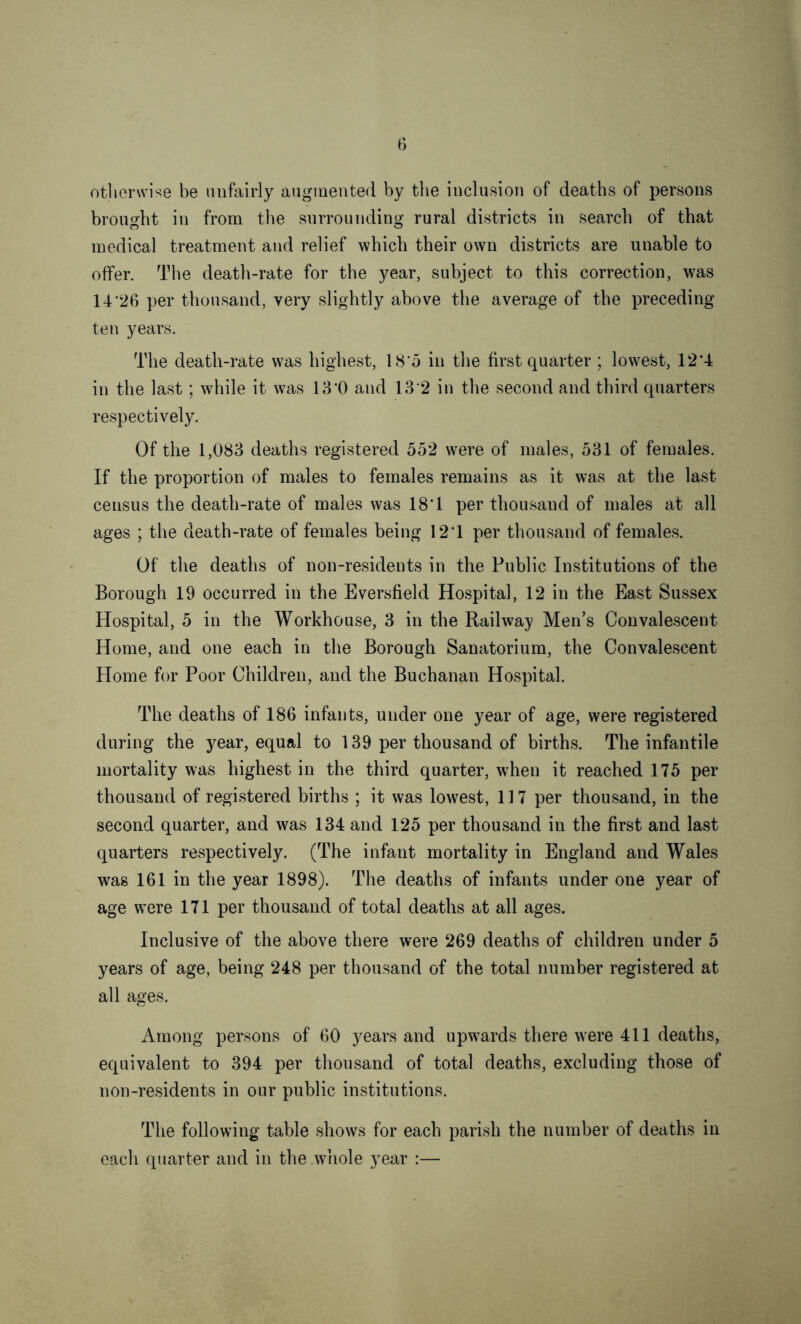 otherwise be unfairly augmented by the inclusion of deaths of persons brought in from the surrounding rural districts in search of that medical treatment and relief which their own districts are unable to offer. The death-rate for the year, subject to this correction, was 14*26 per thousand, very slightly above the average of the preceding ten years. The death-rate was highest, 18*5 in the first quarter ; lowest, 12*4 in the last; while it was 13*0 and 13*2 in the second and third quarters respectively. Of the 1,083 deaths registered 552 were of males, 531 of females. If the proportion of males to females remains as it was at the last census the death-rate of males was 18*1 per thousand of males at all ages ; the death-rate of females being 12*1 per thousand of females. Of the deaths of non-residents in the Public Institutions of the Borough 19 occurred in the Eversfield Hospital, 12 in the East Sussex Hospital, 5 in the Workhouse, 3 in the Railway Men’s Convalescent Home, and one each in the Borough Sanatorium, the Convalescent Home for Poor Children, and the Buchanan Hospital. The deaths of 186 infants, under one year of age, were registered during the year, equal to 139 per thousand of births. The infantile mortality was highest in the third quarter, when it reached 175 per thousand of registered births ; it was lowest, 117 per thousand, in the second quarter, and was 134 and 125 per thousand in the first and last quarters respectively. (The infant mortality in England and Wales was 161 in the year 1898). The deaths of infants under one year of age were 171 per thousand of total deaths at all ages. Inclusive of the above there were 269 deaths of children under 5 years of age, being 248 per thousand of the total number registered at all ages. Among persons of 60 years and upwards there were 411 deaths, equivalent to 394 per thousand of total deaths, excluding those of non-residents in our public institutions. The following table shows for each parish the number of deaths in each quarter and in the whole year :—