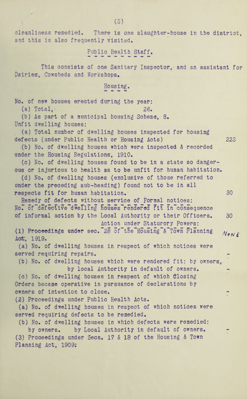 cleanliness remedied. There is one slaughter-house in the district, and this is also frequently visited. Public Health Staff. This consists of one Sanitary Inspector,- and an assistant for Dairies, Cowsheds and Workshops. Housing. No. of new houses erected during the year: (a) Total, 26. (b) As part of a municipal housing Scheme, S. Unfit dwelling houses: (a) Total number of dwelling houses inspected for housing defects (under Public Health or Housing Acts) 223 (b) No. of dwelling houses which were inspected & recorded under the Housing Regulations, 1910. (c) No. of dwelling houses found to be in a state so danger- ous or injurious to health as to be unfit for human habitation. (d) No. of dwelling houses (exclusive of those referred to under the preceding sub-heading) found not to be in all respects fit for human habitation.- 30 Remedy of defects without service of Formal notices: No7 ofdefectivedwelling housesrendered fit in'consequence of informal action by the Local Authority or their Officers, 30 Action under Staturory Powers: (1) Proceedings under sec. ~28 o f the Housing ”<fc~Town Planning ^ Act, 1919. ‘ 9 * (a) No. of dwelling houses in respect of which notices were served requiring repairs. (b) No. of dwelling houses which were rendered fit: by owners, by local Authority in default of owners. (c) No. of dwelling houses in respect of which Closing Orders became operative in pursuance of declarations by owners of intention to close. (2) Proceedings under Public Health Acts. (a) No. of dwelling houses in respect of which notices were served requiring defects to be remedied. (b) No. of dwelling houses in which defects were remedied: by owners. by Local Authority in default of owners. (3) Proceedings under Secs. 17 & 18 of the Housing & Town Planning Act, 1909: