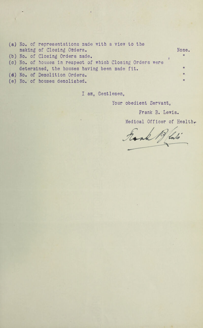 (a) No. of representations made with a view to the making of Closing Orders. None. (b) No. of Closing Orders made. (  (c) No. of houses in respect of which Closing Orders were determined, the houses having been made fit.  (d) No. of Demolition Orders.  (e) No.' of houses demolished.  I am, Gentlemen, Your obedient Servant, Frank B. Lewis. Medical Officer of Health