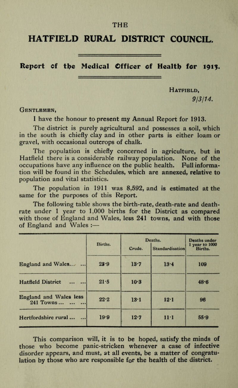 THE HATFIELD RURAL DISTRICT COUNCIL. Report of tlje Medical Officer of Health for 1913. Hatfield, 9/3/14. Gentlemen, I have the honour to present my Annual Report for 1913. The district is purely agricultural and possesses a soil, which in the south is chiefly clay and in other parts is either loam or gravel, with occasional outcrops of chalk. The population is chiefly concerned in agriculture, but in Hatfield there is a considerable railway population. None of the occupations have any influence on the public health. Pull informa- tion will be found in the Schedules, which are annexed, relative to population and vital statistics. The population in 1911 was 8,592, and is estimated at the same for the purposes of this Report. The following table shows the birth-rate, death-rate and death- rate under 1 year to 1,000 births for the District as compared with those of England and Wales, less 241 towns, and with those of England and Wales :— England and Wales Births. De Crude. aths. Standardisation Deaths under 1 year to 1000 Births. 28-9 13-7 13-4 109 Hatfield District 21-5 10-3 48-6 England and Wales less 241 Towns 22-2 13*1 121 96 Hertfordshire rural 19*9 12-7 111 55*9 This comparison will, it is to be hoped, satisfy the minds of those who become panic-stricken whenever a case of infective disorder appears, and must, at all events, be a matter of congratu- lation by those who are responsible for the health of the district.