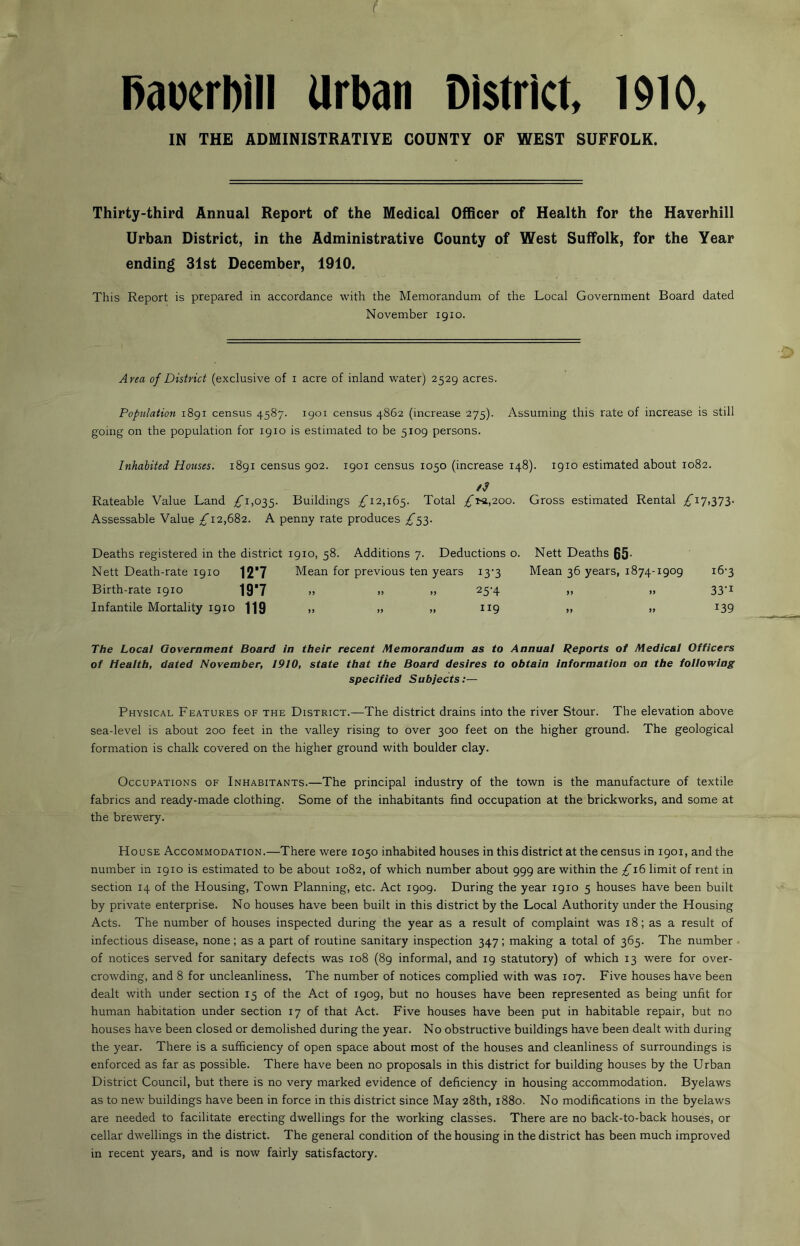 f. Daixrbill Urban District, 1910, IN THE ADMINISTRATIVE COUNTY OF WEST SUFFOLK. Thirty-third Annual Report of the Medical Officer of Health for the Haverhill Urban District, in the Administrative County of West Suffolk, for the Year ending 31st December, 1910. This Report is prepared in accordance with the Memorandum of the Local Government Board dated November 1910. Area of District (exclusive of 1 acre of inland water) 2529 acres. Population 1891 census 4587. 1901 census 4862 (increase 275). Assuming this rate of increase is still going on the population for 1910 is estimated to be 5109 persons. Inhabited Houses. 1891 census 902. 1901 census 1050 (increase 148). 1910 estimated about 1082. /,? Rateable Value Land £1,035. Buildings ^12,165. Total £14,200. Gross estimated Rental £i7,373> Assessable Value £12,682. A penny rate produces £53. Deaths registered in the district 1910, 58. Additions 7. Deductions o. Nett Deaths 65- Nett Death-rate 1910 127 Mean for previous ten years 13’3 Mean 36 years, 1874-1909 16-3 Birth-rate 1910 197 » .. .» 25-4 33'1 Infantile Mortality 1910 119 » „ „ 119 „ » *39 The Local Government Board In their recent Memorandum as to Annual Reports 0/ Medical Officers of Health, dated November, 1910, state that the Board desires to obtain information on the following specified Subjects:— Physical Features of the District.—The district drains into the river Stour. The elevation above sea-level is about 200 feet in the valley rising to over 300 feet on the higher ground. The geological formation is chalk covered on the higher ground with boulder clay. Occupations of Inhabitants.—The principal industry of the town is the manufacture of textile fabrics and ready-made clothing. Some of the inhabitants find occupation at the brickworks, and some at the brewery. House Accommodation.—There were 1050 inhabited houses in this district at the census in 1901, and the number in 1910 is estimated to be about 1082, of which number about 999 are within the £16 limit of rent in section 14 of the Housing, Town Planning, etc. Act 1909. During the year 1910 5 houses have been built by private enterprise. No houses have been built in this district by the Local Authority under the Housing Acts. The number of houses inspected during the year as a result of complaint was 18; as a result of infectious disease, none; as a part of routine sanitary inspection 347; making a total of 365. The number of notices served for sanitary defects was 108 (89 informal, and 19 statutory) of which 13 were for over- crowding, and 8 for uncleanliness. The number of notices complied with was 107. Five houses have been dealt with under section 15 of the Act of 1909, but no houses have been represented as being unfit for human habitation under section 17 of that Act. Five houses have been put in habitable repair, but no houses have been closed or demolished during the year. No obstructive buildings have been dealt with during the year. There is a sufficiency of open space about most of the houses and cleanliness of surroundings is enforced as far as possible. There have been no proposals in this district for building houses by the Urban District Council, but there is no very marked evidence of deficiency in housing accommodation. Byelaws as to new buildings have been in force in this district since May 28th, 1880. No modifications in the byelaws are needed to facilitate erecting dwellings for the working classes. There are no back-to-back houses, or cellar dwellings in the district. The general condition of the housing in the district has been much improved in recent years, and is now fairly satisfactory.