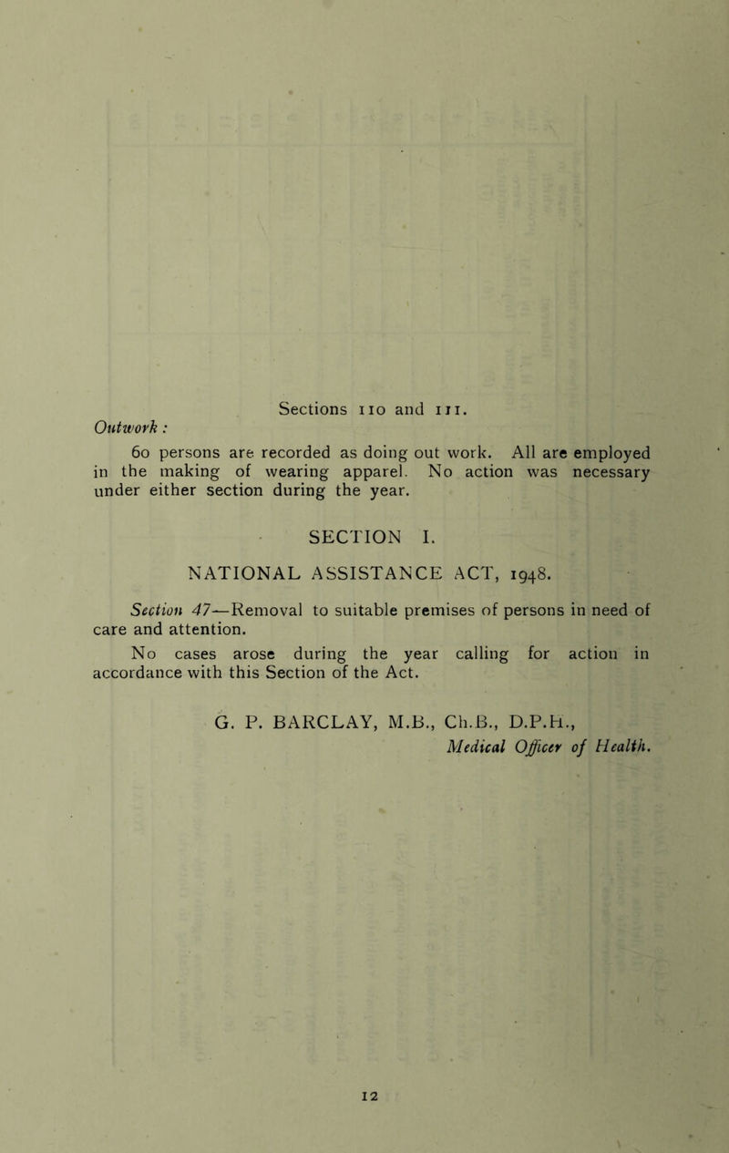 Sections no and in. Outwork : 60 persons are recorded as doing out work. All are employed in the making of wearing apparel. No action was necessary under either section during the year. SECTION I. NATIONAL ASSISTANCE ACT, 1948. Section 47—Removal to suitable premises of persons in need of care and attention. No cases arose during the year calling for action in accordance with this Section of the Act. G. P. BARCLAY, M.B., Ch.B., D.P.H., Medical Officer of Health.