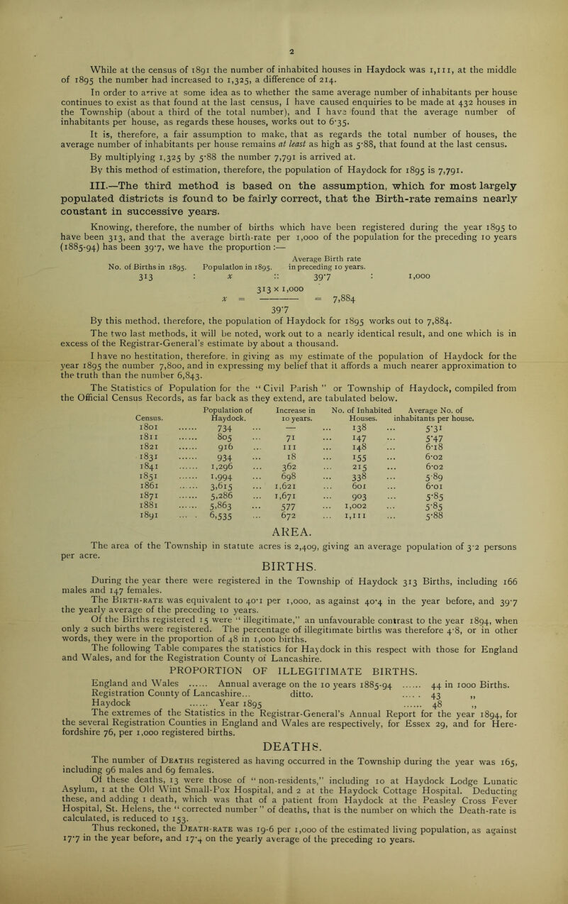 2 While at the census of 1891 the number of inhabited houses in Haydock was 1,111, at the middle of 1895 the number had increased to 1,325, a difference of 214. In order to arrive at some idea as to whether the same average number of inhabitants per house continues to exist as that found at the last census, I have caused enquiries to be made at 432 houses in the Township (about a third of the total number), and I have found that the average number of inhabitants per house, as regards these houses, works out to 6-35. It is, therefore, a fair assumption to make, that as regards the total number of houses, the average number of inhabitants per house remains at least as high as 5-88, that found at the last census. By multiplying 1,325 by 5-88 the number 7,791 is arrived at. By this method of estimation, therefore, the population of Haydock for 1895 is 7,791 - III.—The third method is based on the assumption, which for most largely- populated districts is found to be fairly correct, that the Birth-rate remains nearly constant in successive years. Knowing, therefore, the number of births which have been registered during the year 1895 to have been 313, and that the average birth-rate per 1,000 of the population for the preceding 10 years (1885-94) has been 39-7, we have the proportion:— Average Birth rate No. of Births in 1895. Population in 1895. in preceding 10 years. 313 : x :: 39-7 : 1,000 313 x 1,000 * = = 7,884 397 By this method, therefore, the population of Haydock for 1895 works out to 7,884. The two last methods, it will be noted, work out to a nearly identical result, and one which is in excess of the Registrar-General’s estimate by about a thousand. I have no hestitation, therefore, in giving as my estimate of the population of Haydock for the year 1895 the number 7,800, and in expressing my belief that it affords a much nearer approximation to the truth than the number 6,843. The Statistics of Population for the “ Civil Parish ” or Township of Haydock, compiled from the Official Census Records, as far back as they extend, are tabulated below. Population of Increase in No. of Inhabited Average No. of Census. Haydock. 10 years. Houses. inhabitants per house. J8oi 734 ... — ... 138 ... 5-31 1811 805 ... 71 ... 147 ... 5-47 1821 916 ... hi ... 148 ... 6'i8 1831 934 ... 18 ... 155 ... 6-02 1841 1,296 ... 362 ... 215 ... 6-02 *851 1 -994 ••• 698 ... 338 ... 589 1861 3,615 ... 1,621 ... 601 ... 6'0i i87i 5-286 ... 1,671 ... 903 ... 5-85 J88i 5,863 ... 577 ... 1,002 ... 5-85 1891 ... . 6,535 ••• 672 ... 1,hi ... 5-88 AREA. The area of the Township in statute acres is 2,409, giving an average population of 3-2 persons per acre. BIRTHS. During the year there were registered in the Township of Haydock 313 Births, including 166 males and 147 females. The Birth-rate was equivalent to 40-1 per 1,000, as against 40-4 in the year before, and 39-7 the yearly average of the preceding 10 years. Of the Births registered 15 were “ illegitimate,” an unfavourable contrast to the year 1894, when only 2 such births were registered. The percentage of illegitimate births was therefore 4-8, or in other words, they were in the proportion of 48 in 1,000 births. The following Table compares the statistics for Haydock in this respect with those for England and Wales, and for the Registration County of Lancashire. PROPORTION OF ILLEGITIMATE BIRTHS. England and Wales Annual average on the 10 j'ears 1885-94 44 in 1000 Births. Registration County of Lancashire... ditto. 43 ,, Haydock Year 1895 48 ,, The extremes of the Statistics in the Registrar-General’s Annual Report for the year 1894, for the several Registration Counties in England and Wales are respectively, for Essex 29, and for Here- fordshire 76, per 1,000 registered births. DEATHS. The number of Deaths registered as having occurred in the Township during the year was 165, including 96 males and 69 females. Of these deaths, 13 were those of “ non-residents,” including 10 at Haydock Lodge Lunatic Asylum, 1 at the Old Wint Small-Pox Hospital, and 2 at the Haydock Cottage Hospital. Deducting these, and adding 1 death, which was that of a patient from Haydock at the Peasley Cross Fever Hospital, St. Helens, the “ corrected number” of deaths, that is the number on which the Death-rate is calculated, is reduced to 153. Thus reckoned, the Death-rate was 19-6 per 1,000 of the estimated living population, as against 177 in the year before, and 17-4 on the yearly average of the preceding 10 years.