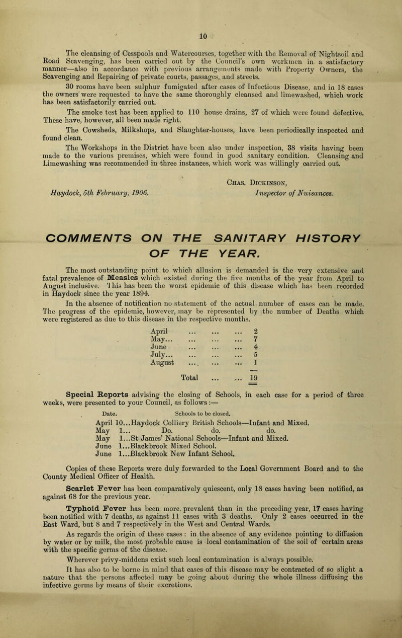 The cleansing of Cesspools and Watercourses, together with the Removal of Nightsoil and Road Scavenging, has been carried out by the Council’s own workmen in a satisfactory manner—also in accordance with previous arrangements made with Property Owners, the Scavenging and Repairing of private courts, passages, and streets. 30 rooms have been sulphur fumigated after cases of Infectious Disease, and in 18 cases the owners were requested to have the same thoroughly cleansed and lime washed, which work has been satisfactorily carried out. The smoke test has been applied to 110 house drains, 27 of which were found defective. These have, however, all been made right. The Cowsheds, Milkshops, and Slaughter-houses, have been periodically inspected and found clean. The Workshops in the District have been also under inspection, 38 visits having been made to the various premises, which were found in good sanitary condition. Cleansing and Limewashing was recommended in three instances, which work was willingly carried out. Chas. Dickinson, Hay dock, 5th February, 1906. Inspector of Nuisances. COMMENTS ON THE SANITARY HISTORY OF THE YEAR. The most outstanding point to which allusion is demanded is the very extensive and fatal prevalence of Measles which existed during the five months of the year from April to August inclusive. '1 his has been the worst epidemic of this disease which has been recorded in Hay dock since the year 1894. In the absence of notification no statement of the actual number of cases can be made. The progress of the epidemic, however, may be represented by the number of Deaths which were registered as due to this disease in the respective months. April ... ... ... 2 May 7 June ... ... ... 4 July... ... ... ... 5 August .... ... ... 1 Total H) Special Reports advising the closing of Schools, in each case for a period of three weeks, were presented to your Council, as follows :— Date. Schools to be closed. April 10...Haydock Colliery British Schools—Infant and Mixed. May 1... Do. do. do. May l...St James’ National Schools—Infant and Mixed. June 1... Black brook Mixed School. June l...Blackbrook New Infant School. Copies of these Reports were duly forwarded to the Local Government Board and to the County Medical Officer of Health. Scarlet Fever has been comparatively quiescent, only 18 cases having been notified, as against 68 for the previous year. Typhoid Fever has been more, prevalent than in the preceding year, 17 cases having been notified with 7 deaths, as against 11 cases with 3 deaths. Only 2 cases occurred in the East Ward, but 8 and 7 respectively in the West and Central Wards. As regards the origin of these cases : in the absence of any evidence pointing to diffusion by water or by milk, the most probable cause is local contamination of the soil of certain areas with the specific germs of the disease. Wherever privy-middens exist such local contamination is always possible. It has also to be borne in mind that cases of this disease may be contracted of so slight a nature that the persons affected may be going about during the whole illness diffusing the infective germs by means of their excretions.
