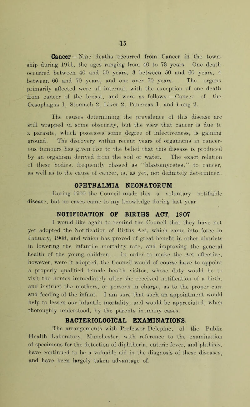 Cancer —Nine deaths occurred from Cancer in the town- ship during 1911, the ages ranging from 40 to 73 years. One death occurred between 40 and 50 years, 3 between 50 and 60 years, 4 between 60 and 70 years, and one over 70 years. The organs primarily affected were all internal, with the exception of one death from cancer of the breast, and were as follows:—Cancer of the Oesophagus 1, Stomach 2, Liver 2, Pancreas 1, and Lung 2. The causes determining the prevalence of this disease are still wrapped in some obscurity, but the view that cancer is due tc a parasite, which possesses some degree of infectiveness, is gaining ground. The discovery within recent years of organisms in cancer- ous tumours has given rise to the belief that this disease is produced by an organism derived from the soil or water. The exact relation of these bodies, frequently classed as “blastomycetes,” to cancer, as well as to the cause of cancer, is, as yet, not definitely deteiminea. OPHTHALMIA NEONATORUM. During 1910 the Council made this a voluntary notifiable disease, but no cases came to my knowledge during last year. NOTIFICATION OF BIRTHS ACT, 1907 I would like again to remind the Council that they have not yet adopted the Notification of Births Act, which came into force in January, 1908, and which has proved of great benefit in other districts in lowering the infantile mortality rate, and improving the general health of the young children. In order to make the Act effective, however, were it adopted, the Council would of course have to appoint a properly qualified female health visitor, whoso duty would be to visit the homes immediately after she received notification of a birth, and instruct the mothers, or persons in charge, as to the proper care and feeding of the infant. I am sure that such an appointment would help to lessen our infantile mortality, and would be appreciated, when thoroughly understood, by the parents in many cases. BACTERIOLOGICAL EXAMINATIONS. The arrangements with Professor Delepine, of the Public Health Laboratory, Manchester, with reference to the examination of specimens for the detection of diphtheria, enteric fever, and phthisis, have continued to be a valuable aid in the diagnosis of these diseases, and have been largely taken advantage of.