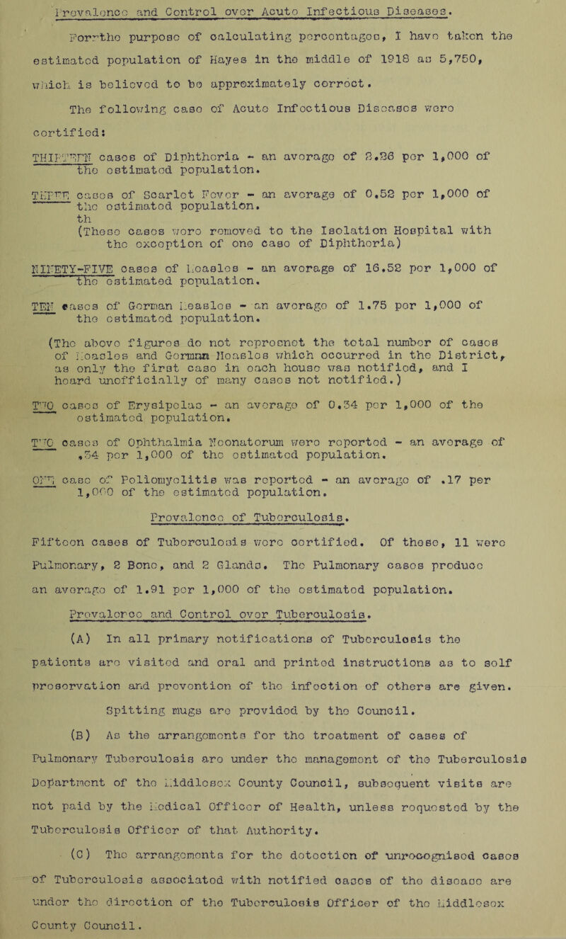 Prevalence and Control over Acuto Infectious Diseases. Porrtho purpose of calculating percentages, 1 have taken the estimated population of Hayes in the middle of 1918 as 5,750, which is believed to ho approximately corroct. The following caso of Acuto Infoctioua Diseases woro certified: THIPTFHT cases of Diphtheria - an average of 2,36 per 1,000 of the estimated population* TKFFE cases of Scarlet Fever - an average of 0,52 per 1,000 of the estimated population, th (These cases wore removed to the Isolation Hospital with the exception of one caao of Diphtheria) ITIFETY-FIVE cases of Uoaslos - an average of 16,52 per 1,000 of the estimated population. TEN eases of German measles - an avorago of 1.75 por 1,000 of the estimated population. (The above figures do not roprosnot the total number of cases of measles and Gorman Hoaslos which occurred in the District, as only the first caso in oach house was notified, and I hoard unofficially of many cases not notifiod.) T~r0 cases of Erysipelas - an avorago of 0.34 per 1,000 of the estimated population. T’TC oases of Ophthalmia Neonatorum were reported - an average of ,34 por 1,000 of the estimated population. OFF case of Poliomyelitis was reported - an average of .17 per 1,000 of the estimated population. Provalonco of Tuberculosis. ■— — ■»! Fifteen cases of Tuberculosis wore certified. Of these, 11 were Pulmonary, 2 Bono, and 2 Glands. The Pulmonary casos produce an average of 1.91 per 1,000 of the estimated population. Provaloroo and Control over Tuberculosis. (A) In all primary notifications of Tuberculosis the patients are visited and oral and printed instructions as to self preservation and prevention of the infection of others are given. Spitting mugs are provided by the Council. (B) As the arrangements for tho treatment of cases of Pulmonary Tuberculosis are under tho management of the Tuberculosi Department of tho Middlesex County Council, subsequent visits are not paid by the medical Officer of Health, unless roquosted by the Tuberculosis Officer of that Authority. (C) Tho arrangements for the detection of unrecognised cases of Tuberculosis associated with notified oases of tho disease are under tho direction of tho Tuberculosis Officer of tho Middlesex County Council.