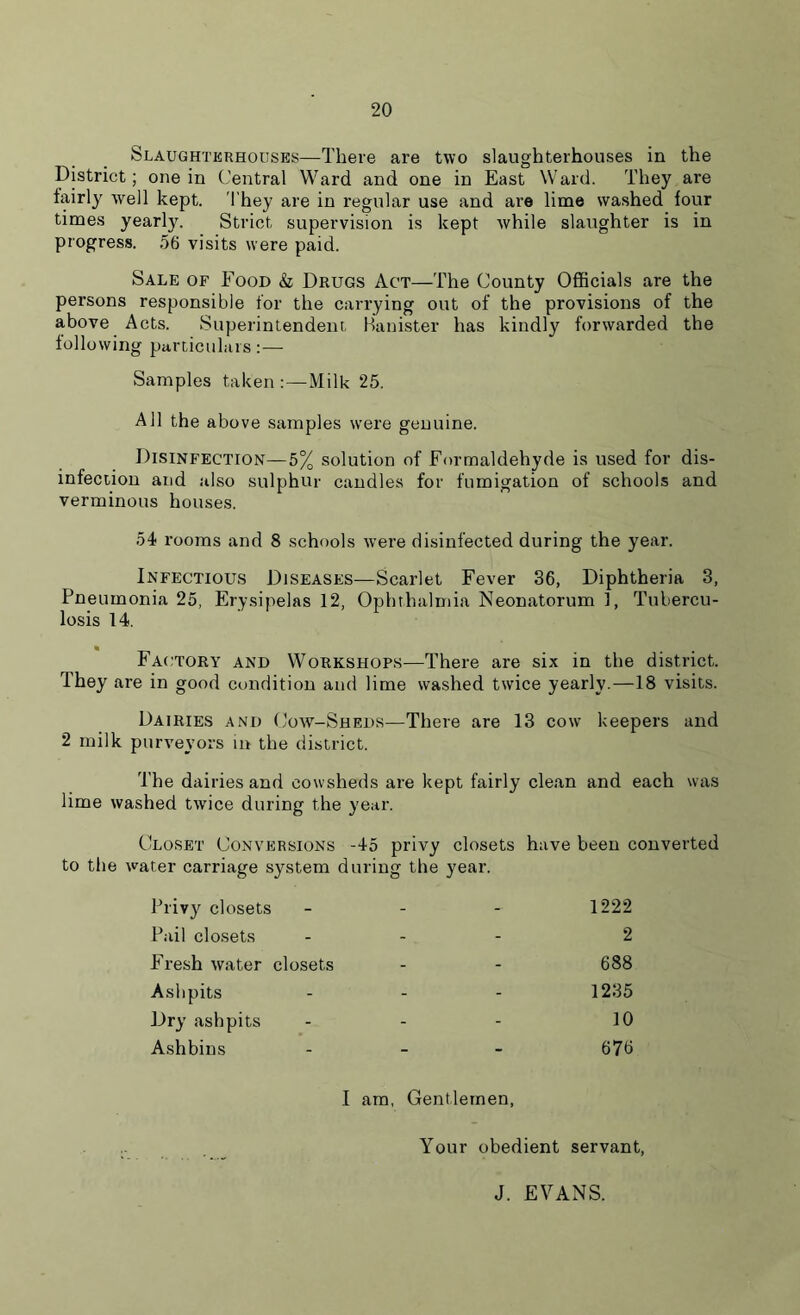 Slaughterhouses—There are two slaughterhouses in the District; one in Central Ward and one in East Ward. They are fairly well kept. They are in regular use and are lime washed four times yearly. Strict supervision is kept while slaughter is in progress. 56 visits were paid. Sale of Food & Drugs Act—The County Officials are the persons responsible for the carrying out of the provisions of the above Acts. Superintendent Banister has kindly forwarded the following particulars: — Samples taken :—Milk 25. All the above samples were genuine. Disinfection—5% solution of Formaldehyde is used for dis- infection and also sulphur candles for fumigation of schools and verminous houses. 54 rooms and 8 schools were disinfected during the year. Infectious Diseases—Scarlet Fever 36, Diphtheria 3, Pneumonia 25, Erysipelas 12, Ophthalmia Neonatorum 1, Tubercu- losis 14. Factory and Workshops—There are six in the district. They are in good condition and lime washed twice yearly.—18 visits. Dairies and Cow-Sheds—There are 13 cow keepers and 2 milk purveyors in the district. The dairies and cowsheds are kept fairly clean and each was lime washed twice during the year. Closet Conversions -45 privy closets have been converted to the water carriage system during the year. Privy closets - - 1222 Pail closets - - 2 Fresh water closets - - 688 Ashpits - - 1235 Dry ashpits - - 10 Ashbins - - 676 I am, Gentlemen, Your obedient servant, J. EVANS.