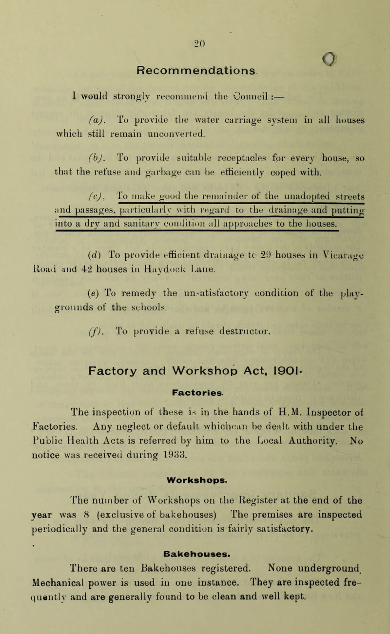 Recommendations 1 would strongly recommend the Council :— (a). To provide the water carriage system in all houses which still remain unconverted. (b). To provide suitable receptacles for eveiy house, so that the refuse and garbage can he efficiently coped with. (r), To make good the remainder of the unadopted streets and passages, particularly with regard to the drainage and putting into a dry and sanitary condition all approaches to the houses. (d) To provide efficient drainage tc 2!) houses in Vicarage Road and 42 houses in Haydock bane. (e) To remedy the unsatisfactory condition of the play- grounds of the schools. (f). To provide a refuse destructor. Factory and Workshop Act, 1901- Factories. The inspection of these is in the hands of H.M. Inspector ol Factories. Any neglect or default whichcan be dealt with under the Public Health Acts is referred by him to the Local Authority. No notice was received during 1933. Workshops. The number of Workshops on the Register at the end of the year was 8 (exclusive of bakehouses) The premises are inspected periodically and the general condition is fairly satisfactory. Bakehouses. There are ten Bakehouses registered. None underground. Mechanical power is used in one instance. They are inspected fre- quently and are generally found to be clean and well kept.