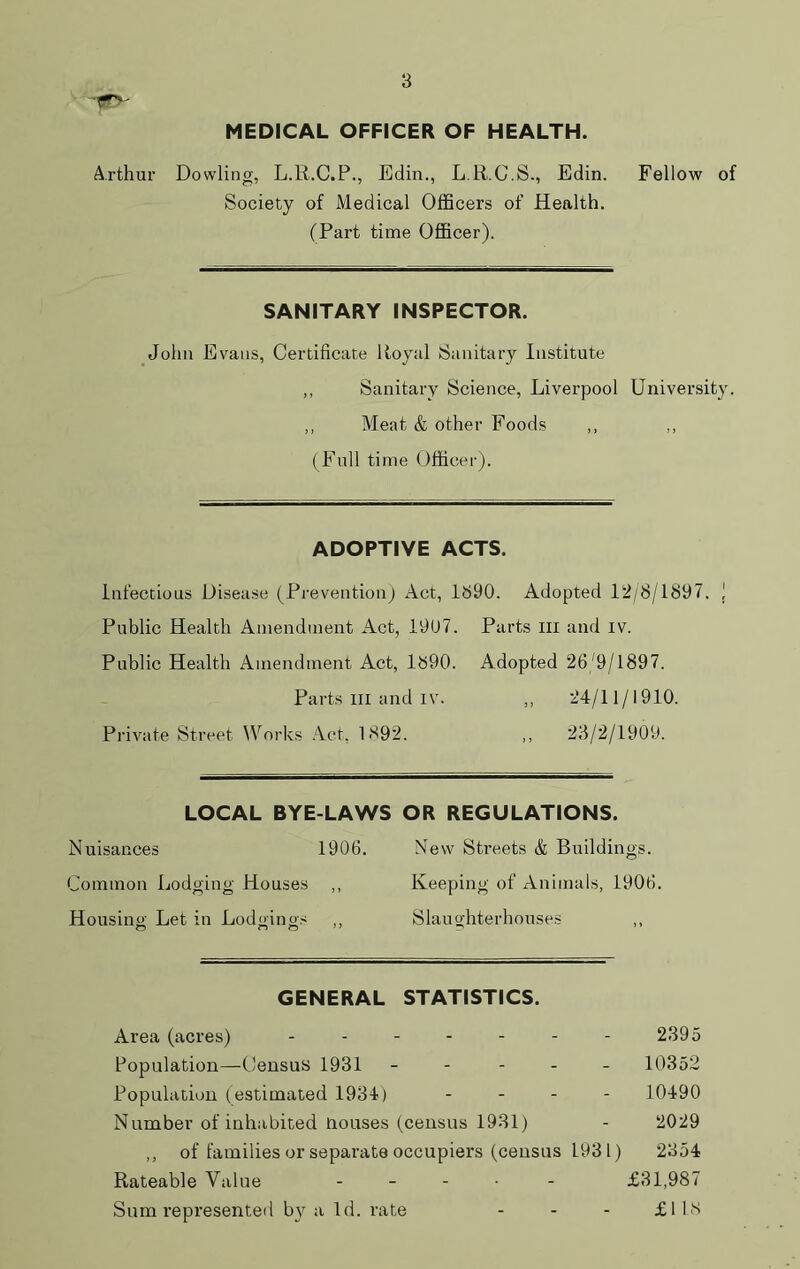 MEDICAL OFFICER OF HEALTH. Arthur Dowling, L.R.C.P., Edin., L.R.G.S., Edin. Fellow of Society of Medical Officers of Health. (Part time Officer). SANITARY INSPECTOR. John Evans, Certificate Royal Sanitary Institute ,, Sanitary Science, Liverpool University. ,, Meat & other Foods ,, ,, (Full time Officer). ADOPTIVE ACTS. infectious Disease (Prevention) Act, 1390. Adopted 12/8/1897. I Public Health Amendment Act, 1907. Parts iii and iv. Public Health Amendment Act, 1890. Adopted 26/9/1897. Parts in and IV. ,, 24/11/1910. Private Street Works Act, 1892. ,, 23/2/1909. LOCAL BYE-LAWS OR REGULATIONS. Nuisances 1906. New Streets & Buildings. Common Lodging Houses ,, Keeping of Animals, 1906. Housing Let in Lodgings ,, Slaug’hterhouses ,, GENERAL STATISTICS. Area (acres) 2395 Population—Census 1931 ----- 10352 Population (estimated 1934) - - - - 10490 Number of inhabited nouses (census 1931) - 2029 ,, of families or separate occupiers (census 1931) 2354 Rateable Value . _ - . . £31,987 Sum represented by a Id. rate - - - £11N