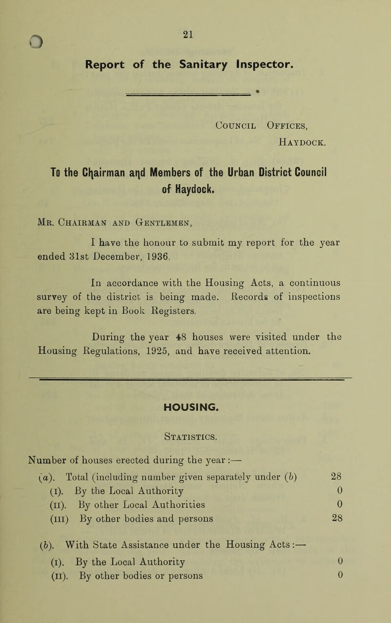 Report of the Sanitary Inspector. Council Offices, Haydock. To the Chairman ai]d Members of the Urban District Council of Haydock. Mr. Chairman and Gentlemen, I have the honour to submit my report for the year ended 31st December, 1936. In accordance with the Housing Acts, a continuous survey of the district is being made. Records of inspections are being kept in Book Registers. During the year 48 houses were visited under the Housing Regulations, 1925, and have received attention. HOUSING. Statistics. Number of houses erected during the year :— (a) . Total (including number given separately under (b) 28 (i). By the Local Authority 0 (u). By other Local Authorities 0 (ill) By other bodies and persons 28 (b) . With State Assistance under the Housing Acts :— (i). By the Local Authority 0 (u). By other bodies or persons 0