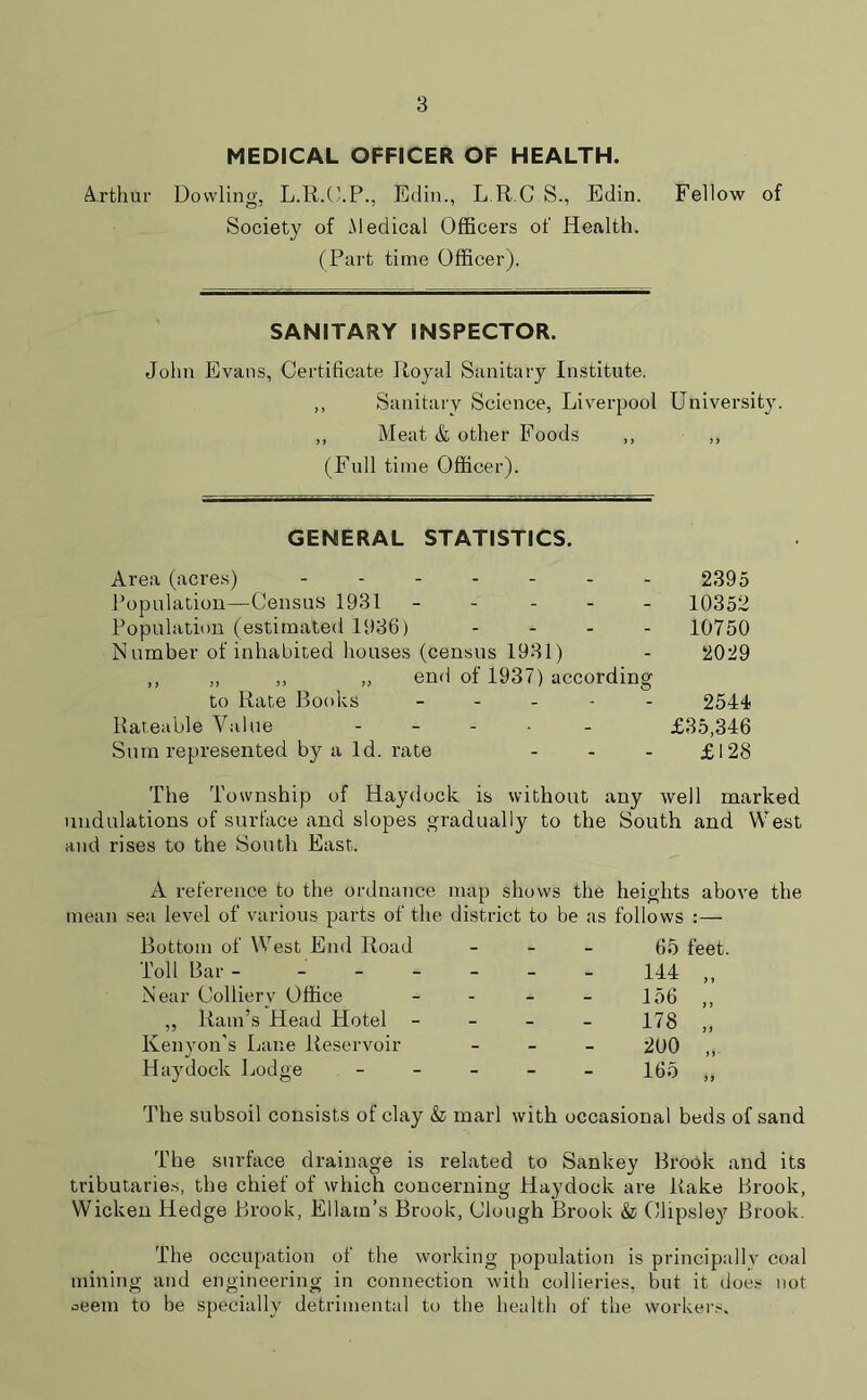 MEDICAL OFFICER OF HEALTH. Arthur Dowling, L.R.C.P., Edin., L.R.C.S., Edin. Fellow of Society of Medical Officers of Health. (Part time Officer). SANITARY INSPECTOR. John Evans, Certificate Royal Sanitary Institute. ,, Sanitary Science, Liverpool University. ,, Meat & other Foods ,, ,, (Full time Officer). GENERAL STATISTICS. Area (acres) ------- Population—Census 1931 - Population (estimated 1936) - Number of inhabited houses (census 1931) ,, „ ,, „ end of 1937) according to Rate Books - Rateable Value ..... Sum represented by a Id. rate 2395 10352 10750 2029 2544 £35,346 £128 The Township of Haydock is without any well marked undulations of surface and slopes gradually to the South and West and rises to the South East. A reference to the ordnance map shows the heights above the mean sea level of various parts of the district to be as follows :— Bottom of West End Road - - - 65 feet Toll Bar - - - - 144 „ Near Colliery Office - - - 156 ,, „ Ram’s Head Hotel - - - 178 „ Kenyon's Lane Reservoir - - - 2U0 „ Haydock Lodge - “ - 165 „ The subsoil consists of clay & marl with occasional beds of sand The surface drainage is related to Sankey Brook and its tributaries, the chief of which concerning Haydock are Rake Brook, Wicken Hedge Brook, Ellam’s Brook, Clough Brook & Clipsley Brook. The occupation of the working population is principally coal mining and engineering in connection with collieries, but it does not oeem to be specially detrimental to the health of the workers.