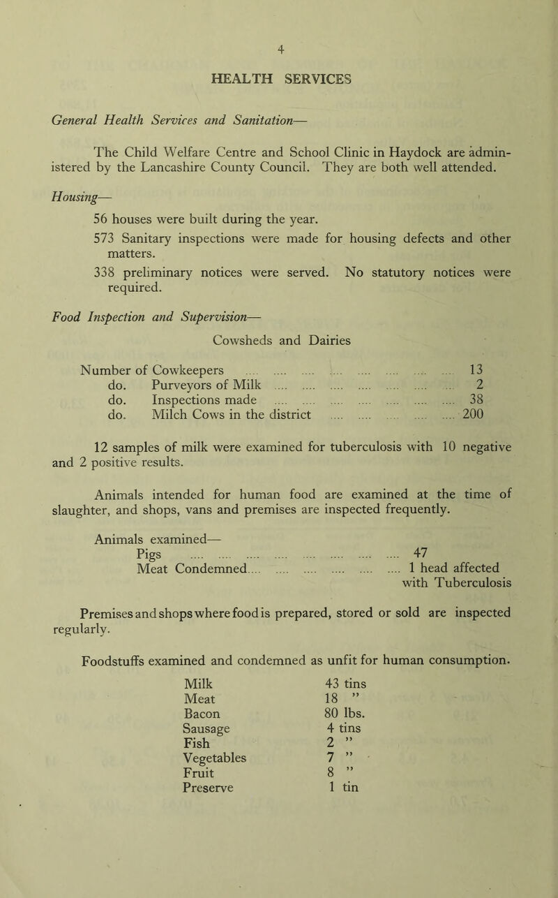HEALTH SERVICES General Health Services and Sanitation— The Child Welfare Centre and School Clinic in Haydock are admin- istered by the Lancashire County Council. They are both well attended. Housing— 56 houses were built during the year. 573 Sanitary inspections were made for housing defects and other matters. 338 preliminary notices were served. No statutory notices were required. Food Inspection and Supervision— Cowsheds and Dairies Number of Cowkeepers 13 do. Purveyors of Milk 2 do. Inspections made 38 do. Milch Cows in the district 200 12 samples of milk were examined for tuberculosis with 10 negative and 2 positive results. Animals intended for human food are examined at the time of slaughter, and shops, vans and premises are inspected frequently. Animals examined— Pigs 47 Meat Condemned 1 head affected with Tuberculosis Premises and shops where food is prepared, stored or sold are inspected regularly. Foodstuffs examined and condemned as unfit for human consumption. Milk 43 tins Meat 18 ” Bacon 80 lbs. Sausage 4 tins Fish 2 ” Vegetables 7 ” Fruit 8 ” Preserve 1 tin
