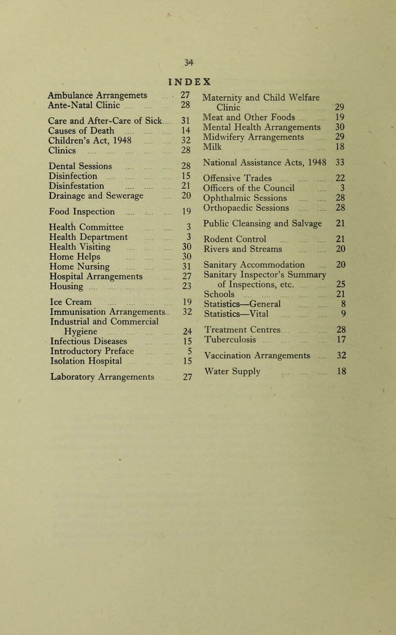 INDEX Ambulance Arrangemets 27 Ante-Natal Clinic 28 Care and After-Care of Sick. .. 31 Causes of Death 14 Children’s Act, 1948 32 Clinics 28 Dental Sessions 28 Disinfection 15 Disinfestation 21 Drainage and Sewerage 20 Food Inspection 19 Health Committee 3 Health Department 3 Health Visiting 30 Home Helps 30 Home Nursing 31 Hospital Arrangements 27 Housing 23 Ice Cream 19 Immunisation Arrangements 32 Industrial and Commercial Hygiene 24 Infectious Diseases 15 Introductory Preface 5 Isolation Hospital 15 Laboratory Arrangements 27 Maternity and Child Welfare Clinic 29 Meat and Other Foods 19 Mental Health Arrangements 30 Midwifery Arrangements 29 Milk 18 National Assistance Acts, 1948 33 Offensive Trades 22 Officers of the Council ... 3 Ophthalmic Sessions 28 Orthopaedic Sessions 28 Public Cleansing and Salvage 21 Rodent Control 21 Rivers and Streams 20 Sanitary Accommodation .... 20 Sanitary Inspector’s Summary of Inspections, etc. 25 Schools 21 Statistics—General 8 Statistics—Vital 9 Treatment Centres 28 Tuberculosis 17 Vaccination Arrangements .... 32 Water Supply 18