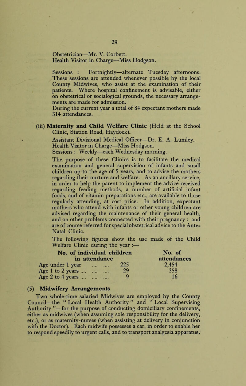 Obstetrician—Mr. V. Corbett. Health Visitor in Charge—-Miss Hodgson. Sessions : Fortnightly—alternate Tuesday afternoons. These sessions are attended whenever possible by the local County Midwives, who assist at the examination of their patients. Where hospital confinement is advisable, either on obstetrical or socialogical grounds, the necessary arrange- ments are made for admission. During the current year a total of 84 expectant mothers made 314 attendances. (iii) Maternity and Child Welfare Clinic (Held at the School Clinic, Station Road, Haydock). Assistant Divisional Medical Officer—Dr. E. A. Lumley. Health Visitor in Charge—Miss Hodgson. Sessions : Weekly—each Wednesday morning. The purpose of these Clinics is to facilitate the medical examination and general supervision of infants and small children up to the age of 5 years, and to advise the mothers regarding their nurture and welfare. As an ancillary service, in order to help the parent to implement the advice received regarding feeding methods, a number of artificial infant foods, and of vitamin preparations etc., are available to those regularly attending, at cost price. In addition, expectant mothers who attend with infants or other young children are advised regarding the maintenance of their general health, and on other problems connected with their pregnancy : and are of course referred for special obstetrical advice to the Ante- Natal Clinic. The following figures show the use made of the Child Welfare Clinic during the year :— No. of individual children No. of in attendance attendances Age under 1 year 225 2,454 Age 1 to 2 years 29 358 Age 2 to 4 years 9 16 (5) Midwifery Arrangements Two whole-time salaried Midwives are employed by the County Council—the “ Local Health Authority ” and “ Local Supervising Authority ”—for the purpose of conducting domiciliary confinements, either as midwives (when assuming sole responsibility for the delivery, etc.), or as maternity-nurses (when assisting at delivery in conjunction with the Doctor). Each midwife possesses a car, in order to enable her to respond speedily to urgent calls, and to transport analgesia apparatus.