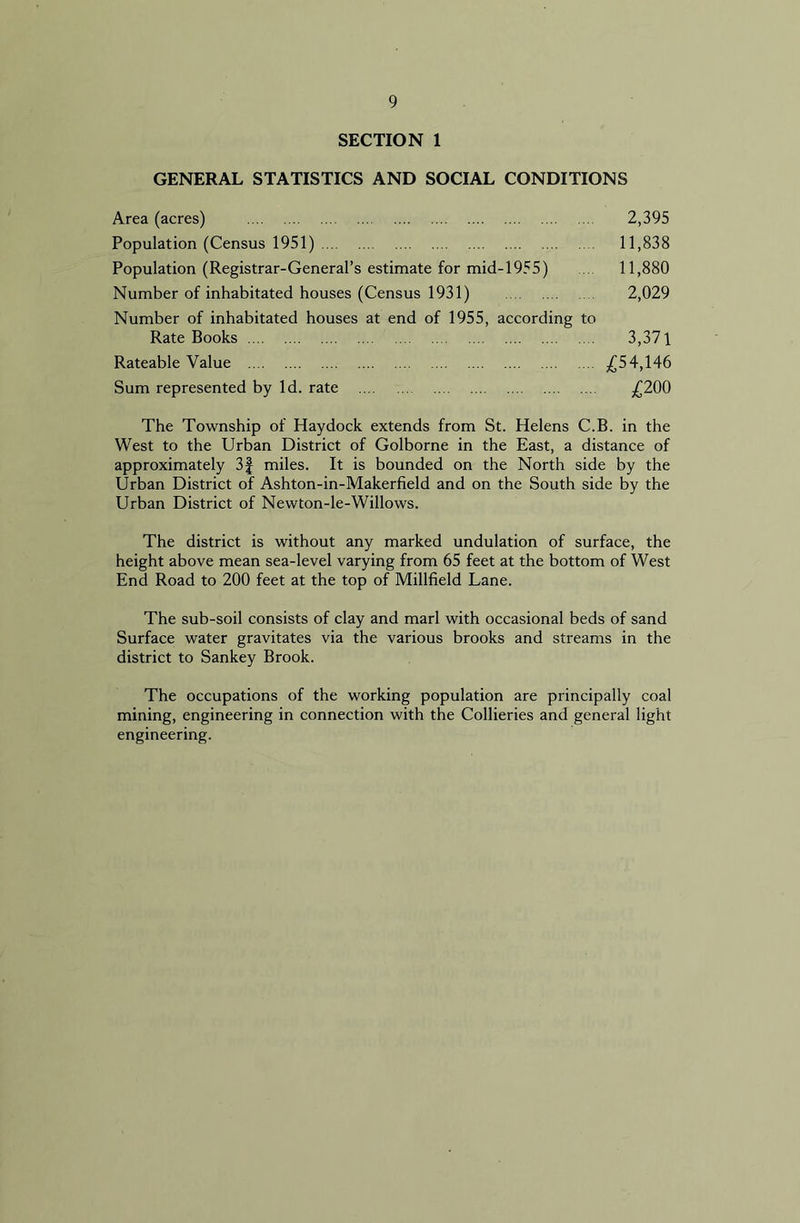 SECTION 1 GENERAL STATISTICS AND SOCIAL CONDITIONS Area (acres) 2,395 Population (Census 1951) 11,838 Population (Registrar-General’s estimate for mid-1955) .... 11,880 Number of inhabitated houses (Census 1931) 2,029 Number of inhabitated houses at end of 1955, according to Rate Books 3,371 Rateable Value .£54,146 Sum represented by Id. rate £200 The Township of Haydock extends from St. Helens C.B. in the West to the Urban District of Golborne in the East, a distance of approximately 3f miles. It is bounded on the North side by the Urban District of Ashton-in-Makerfield and on the South side by the Urban District of Newton-le-Willows. The district is without any marked undulation of surface, the height above mean sea-level varying from 65 feet at the bottom of West End Road to 200 feet at the top of Millfield Lane. The sub-soil consists of clay and marl with occasional beds of sand Surface water gravitates via the various brooks and streams in the district to Sankey Brook. The occupations of the working population are principally coal mining, engineering in connection with the Collieries and general light engineering.