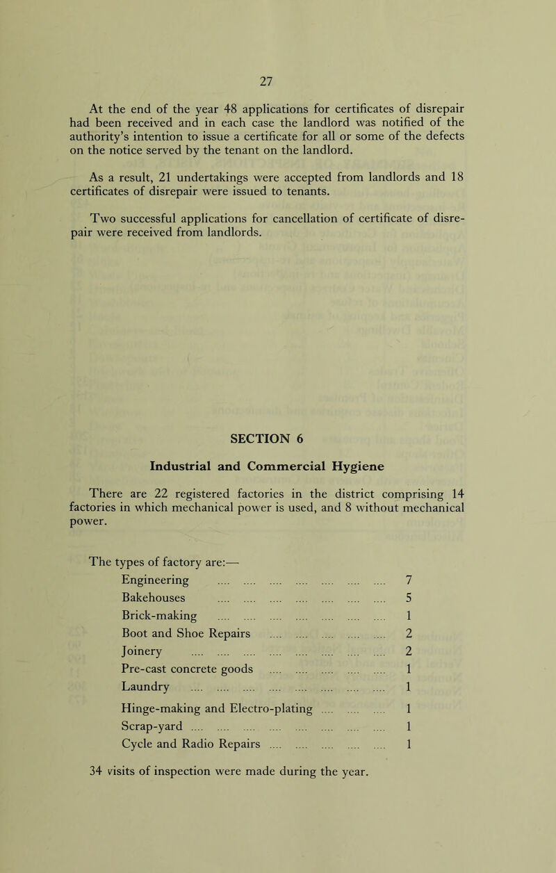 At the end of the year 48 applications for certificates of disrepair had been received and in each case the landlord was notified of the authority’s intention to issue a certificate for all or some of the defects on the notice served by the tenant on the landlord. As a result, 21 undertakings were accepted from landlords and 18 certificates of disrepair were issued to tenants. Two successful applications for cancellation of certificate of disre- pair were received from landlords. SECTION 6 Industrial and Commercial Hygiene There are 22 registered factories in the district comprising 14 factories in which mechanical power is used, and 8 without mechanical power. The types of factory are:— Engineering 7 Bakehouses 5 Brick-making 1 Boot and Shoe Repairs 2 Joinery 2 Pre-cast concrete goods 1 Laundry 1 Hinge-making and Electro-plating 1 Scrap-yard 1 Cycle and Radio Repairs 1 34 visits of inspection were made during the year.