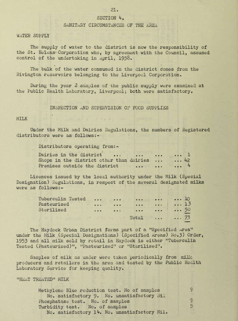 SECTION 4. Sanitary circumstances of the area WATER SUPPLY The supply of water to the district is now the responsibility of the St. Helens- Corporation who, by agreement with the Council, assumed control of the undertaking in April, 1958. The bulk of the water consumed in the district domes from the Rivington reservoirs belonging to the Liverpool Corporation. • i • During the year 2 samples of the public supply were examined at the Public Health Laboratory, Liverpool; both were satisfactory. INSPECTION j-iND SUPERVISION OF FOOD SUPPLIES MILK Under the Milk and Dairies Regulations, the numbers of Registered distributors were as follows Distributors operating from:- 1 Dairies in the district ... ... ... ... 1 Shops in the district other than dairies ... ... 4-2 Premises outside the district ... ... ... 4 Licences issued by the local authority under the Milk (Special Designation) Regulations, in respect of the several designated milks were as follows Tuberculin Tested Pasteurised Sterilised ... 10 ... 13 ...50 Total ... ... 73 The Haydock Urban District forms part of a Specified area under the Milk (Special Designations) (Specified Areas) No.3) Order, 1953 and all milk sold by retail in Haydock is either Tuberculin Tested (Pasteurised), Pasteurised or Sterilised. Samples of milk as under were taken periodically from mill- producers and retailers in the area and tested by the Public Health Laboratory Service for keeping quality. HEaT TREATED MILK Methylene Blue reduction test. No of samples 9 No. satisfactory 9* No. unsatisfactory Nil Phosphatase test. No. of samples 5 Turbidity test. No. of samples 5 No. satisfactory l4. No. unsatisfactory Nil.