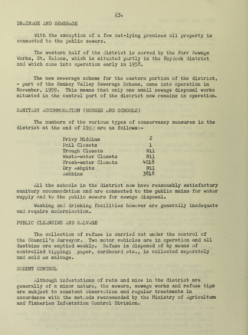 DRAINAGE AND SEWERAGE With the exception of a few out-lying premises all property is connected to the public sewers. The western half of the district is served by the Parr Sewage Works, St. Helens, which is situated partly in the Haydock district and which came into operation early in 1938. The new sewerage scheme for the eastern portion of the district, - part of the Sankey Valley Sewerage Scheme, came into operation in November, 1959* This means that only one small sewage disposal works situated in the central part of the district now remains in operation. SANITARY ACCOMMODATION (HOUSES aND SCHOOLS) The numbers of the various types of conservancy measures in the district at the end of I960 are as follows:- Privy Middins 2 Pail Closets 1 Trough Closets Nil Waste-water Closets Nil Fresh-water Closets 4018 Dry ashpits Nil Ashbins 3818 All the schools in the district now have reasonably satisfactory sanitary accommodation and are connected to the public mains for water supply and to the x>ublic sewers for sewage disposal. Washing and drinking facilities however are generally inadequate and require modernisation. PUBLIC CLEANSING AND SALVAGE The collection of refuse is carried out under the control of the Council's Surveyor. Two motor vehicles are in operation and all dustbins are emptied weekly. Refuse is disposed of by means of controlled tipping; paper, cardboard etc., is collected separately and sold as salvage. RODENT CONTROL Although infestations of rats and mice in the district are generally of a minor nature, the sewers, sewage works and refuse tips are subject to constant observation and regular treatments in accordance with the methods recommended by the Ministry of Agriculture and Fisheries Infestation Control Division.