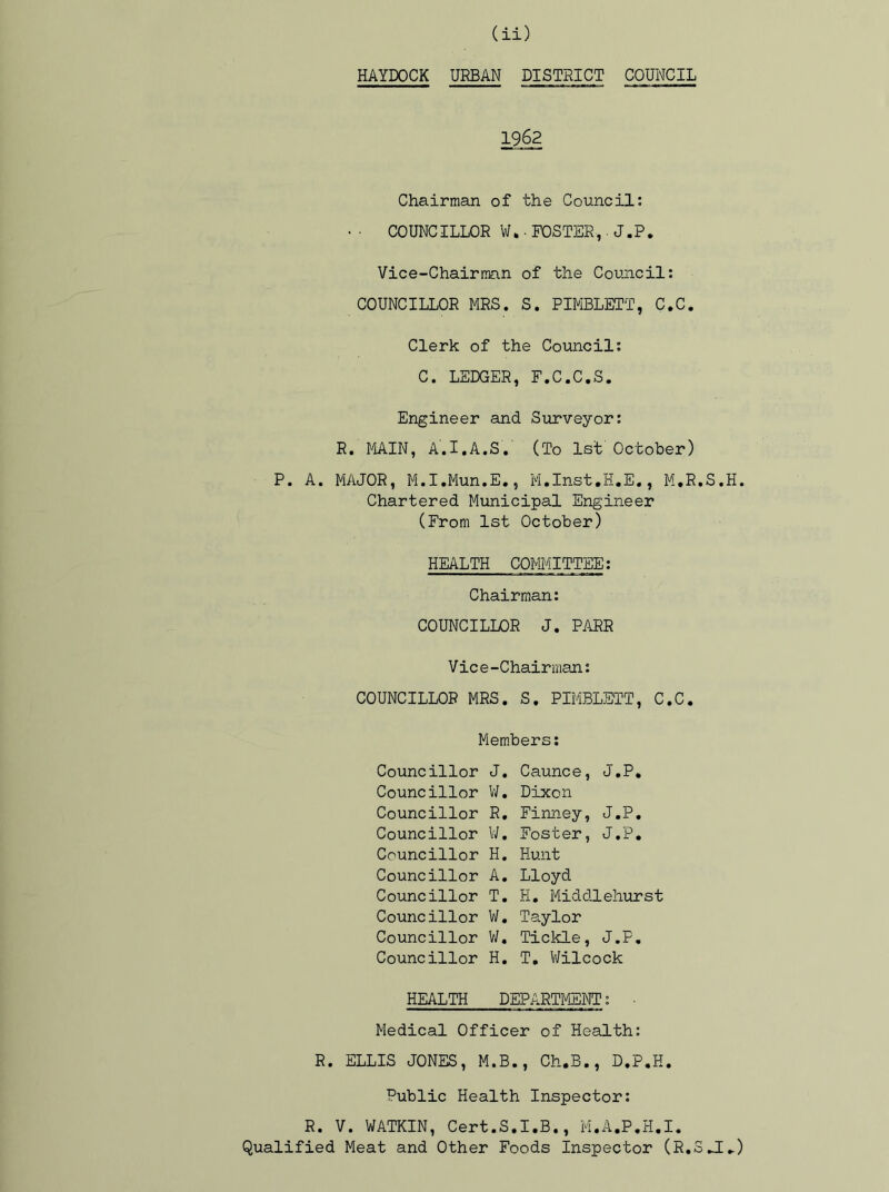 HAYDOCK URBAN DISTRICT COUNCIL 1962 Chairman of the Council: • ■ COUNCILLOR W.■FOSTER,. J.P. Vice-Chairman of the Council: COUNCILLOR MRS. S. PIMBLETT, C.C. Clerk of the Council: C. LEDGER, F.C.C.S. Engineer and Surveyor: R. MAIN, A.I.A.S. (To 1st October) P. A. MAJOR, M.I.Mun.E., M.Inst.H.E., M.R.S.H. Chartered Municipal Engineer (From 1st October) HEALTH COMMITTEE: Chairman: COUNCILLOR J. PARR Vic e-Chairman: COUNCILLOR MRS. S. PIMBLETT, C.C. Members: Councillor J. Councillor W. Councillor R. Councillor W. Councillor H. Councillor A. Councillor T. Councillor W. Councillor W« Councillor H. Caunce, J.P. Dixon Finney, J.P. Foster, J.P. Hunt Lloyd H. Middlehurst Taylor Tickle, J.F. T. Wilcock HEALTH DEPARTMENT: Medical Officer of Health: R. ELLIS JONES, M.B., Ch.B., D.P.H. Public Health Inspector: R. V. WATKIN, Cert.S.I.B,, M.A.P.H.I. Qualified Meat and Other Foods Inspector (R.S J.)
