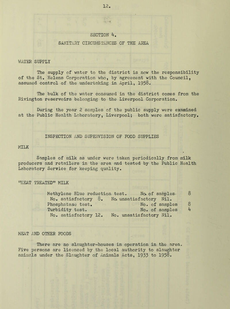 SECTION 4. SANITARY CIRCUMSTANCES OF THE AREA WATER SUPPLY The supply of water to the district is now the responsibility of the St. Helens Corporation who, by agreement with the Council, assumed control of the undertaking in April, 1958. The bulk of the water consumed in the district comes from the Rivington reservoirs belonging to the Liverpool Corporation. During the year 2 samples of the public supply were examined at the Public Health Laboratory, Liverpool; both were satisfactory. INSPECTION AND SUPERVISION OF FOOD SUPPLIES MILK Samples of milk as under were taken periodically from milk producers and retailers in the area and tested by the Public Health Laboratory Service for keeping quality. HEAT TREATED MILK Methylene Blue reduction test. No. of samples- No. satisfactory 8. Phosphatase test. Turbidity test. No. satisfactory 12. No. unsatisfactory Nil. No. of samples No. of samples No. unsatisfactory Nil. 8 8 k MEAT AND OTHER POODS There are no slaughter-houses in operation in the area. Five persons are licenced by the local authority to slaughter animals under the Slaughter of Animals Acts, 1935 to 1958.