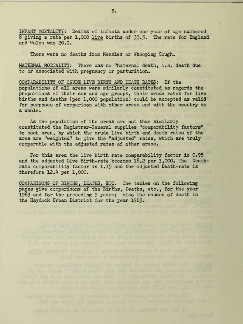 INFANT MORTALITY: Deaths of infants under one year* of age numbered 8 giving a rate per 1,000 live births of 33«5» The rate for England and Wales was 20.9. There were no deaths from Measles or Whooping Cough. MATERNAL MORTALITY: There was no Maternal death, i.e. death due to or associated with pregnancy or parturition. COMPARABILITY OF CRUDE LIVE BIRTH AND DEATH RATES: If the populations of all areas were similarly constituted as regards the proportions of their sex and age groups, their crude rates for live births and deaths (per 1,000 population) could be accepted as valid for purposes of comparison with other areas and with the country as a whole. As the population of the areas are not thus similarly constituted the Registrar-General supplies comparability factors to each area, by which the crude live birth and death rates of the area are weighted to give the adjusted rates, which are truly comparable with the adjusted rates of other areas. For this area the live birth rate comparability factor is 0.93 and the adjusted Live Birth-rate becomes l8.2 per 1,000. The Death- rate comparability factor is 1.15 and the adjusted Death-rate is therefore 12.4 per 1,000. COMPARISONS OF BIRTHS, DEATHS, ETC. The tables on the following pages give comparisons of the Births, Deaths, etc., for the year 1963 and for the preceding 5 years; also the causes of death in the Haydock Urban District for the year 1963.