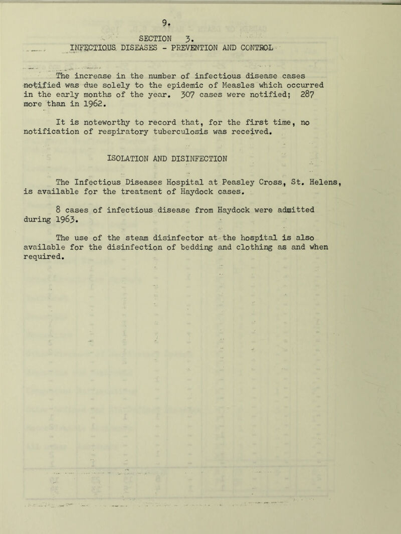 SECTION 3. INFECTIOUS. DISEASES - PREVENTION AND CONTROL The increase in the number of infectious disease cases notified was due solely to the epidemic of Measles which occurred in the early months of the year. 307 cases were notified; 287 more than in 1962. It is noteworthy to record that, for the first time, no notification of respiratory tuberculosis was received. ISOLATION AND DISINFECTION The Infectious Diseases Hospital at Peasley Cross, St. Helens, is available for the treatment of Haydock cases. 8 cases of infectious disease from Haydock were admitted during 1963. The use of the steam disinfector at the hospital is also available for the disinfection of bedding and clothing as and when required.