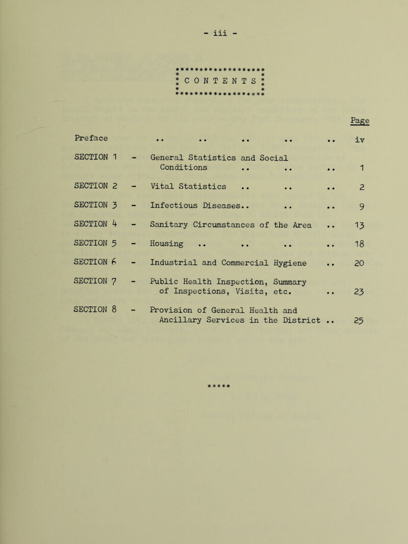 ******************* ^CONTENTS* * * ******************* Preface SECTION 1 SECTION 2 SECTION 3 SECTION 4 SECTION 3 SECTION 6 SECTION 7 SECTION 8 Page •• •• •• •« •. iv General Statistics and Social Conditions .. .. .. 1 Vital Statistics .. .. .. 2 Infectious Diseases.. .. .. 9 Sanitary Circumstances of the Area .. 13 Housing .. .. .. .. 18 Industrial and Commercial Hygiene .. 20 Public Health Inspection, Summary of Inspections, Visits, etc. .. 23 Provision of General Health and Ancillary Services in the District .. 23 * * * * *