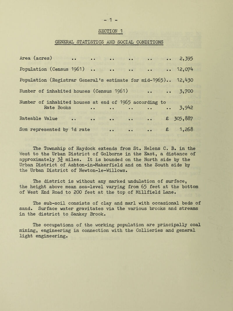 SECTION 1 GENERAL STATISTICS AND SOCIAL CONDITIONS Area (acres) .. .. .. .. .. .. 2,395 Population (Census 1961) .. .. .. .. .. 12,074 Population (Registrar General's estimate for mid-1965)** 12,^30 Number of inhabited houses (Census 1961) .. .. 3,700 Number of inhabited houses at end of 1965 according to Rate Books .. .. .. .. .. 3,9^2 Rateable Value .. .. .. .. .. £ 305,887 Sum represented by Id rate .. .. .. £ 1,268 The Township of Haydock extends from St. Helens C. B. in the West to the Urban District of Golborne in the East, a distance of approximately 3^ miles. It is bounded on the North side by the Urban District of Ashton-in-Makerfield and on the South side by the Urban District of Newton-le-Willows. The district is without any marked undulation of surface, the height above mean sea-level varying from 65 feet at the bottom of West End Road to 200 feet at the top of Millfield Lane. The sub-soil consists of clay and marl with occasional beds of sand. Surface water gravitates via the various brooks and streams in the district to Sankey Brook. The occupations of the working population are principally coal mining, engineering in connection with the Collieries and general light engineering.