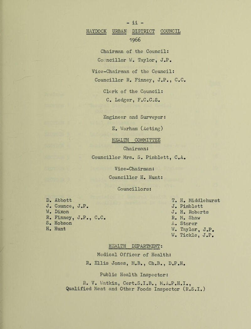 HAIDOCK URBAN DISTRICT COUNCIL 1966 Chairman of the Council: Councillor V/. Taylor, J.P, Vice-Chairman of the Council: Councillor R. Finney, J.P., C.C, Clerk of the Council: C. Ledger, F.C.C;S. Engineer and Surveyor: E. Uarham (Acting) HEALTH COMMITTEE Chairman: Councillor Mrs. S. Pimblett, C.A. Vice-Chairman: Councillor H. Hunt: Councillors: D. Abbott J. Caunce, J.P. W. Dixon R. Finney, J.P., C.C. S. Hobson H. Hunt HEALTH DEPARTMENT: Medical Officer of Health: R. Ellis Jones, M.B., Ch.B., D.P.H. Public Health Inspector: R. V. Watkin, Cert.S.I.B., M.A.P.H.I., Qualified Meat and Other Foods Inspector (R.S.I.) T. H. Middlehurst J. Pimblett J. H. Roberts R. M. Shaw A. Storer W. Taylor, J.P. W. Tickle, J.P,