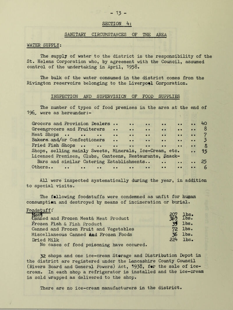 SECTION 4: SANITARY CIRCUMSTANCES OF THE AREA WATER SUPPLY: The supply of water to the district is the responsibility of the St. Helens Corporation who, by agreement with the Council, assumed control of the undertaking in April, 1958. The bulk of the water consumed in the district comes from the Rivington reservoirs belonging to the Liverpool Corporation. INSPECTION AND SUPERVISION OF FOOD SUPPLIES The number of types of food premises in the area at the end of 196^ were as hereunder:- Grocers and Provision Dealers .. .. .. .. .. .. 40 Greengrocers and Fruiterers .. .. .. .. .. .. 8 Meat Shops .. .. .. .. .. .. .. *. .. 7 Bakera and/or Confectioners .. .. .. .. .. .. 3 Fried Fish Shops .. .. .. .. .. .. .. .. g Shops, selling mainly Sweets, Minerals, Ice-Cream, etc. .. Licensed Premises, Clubs, Canteens, Restaurants, Snack- Bars and similar Catering Establishments.. .. .. .. 25 Others.. .. .. .. .. .* .. •• •• •• 6 All were inspected systematically during the year, in addition to special visits. The fallowing foodstuffs were condemned as unfit for human consumption and destroyed by means of incineration or burial. uff led and Frozen Meat& Meat Product frozen Fish & Fish Product Canned and Frozen Fruit and Vegetables Miscellaneous Canned And Frozen Foods Dried Milk No cases of food poisoning have occured. 207 lbs 369 lbs. 3$ lbs, 72 lbs, 36 lbs, 224 lbs 32 shops and one ice-cream Storage and Distribution Depot in the district are registered under the Lancashire County Council (Rivers Board and General Powers) Act, 1938, for the sale of ice- cream. In each shop a refrigerator is installed and the ice-cream is sold wrapped as delivered to the shop. There are no ice-cream manufacturers in the district