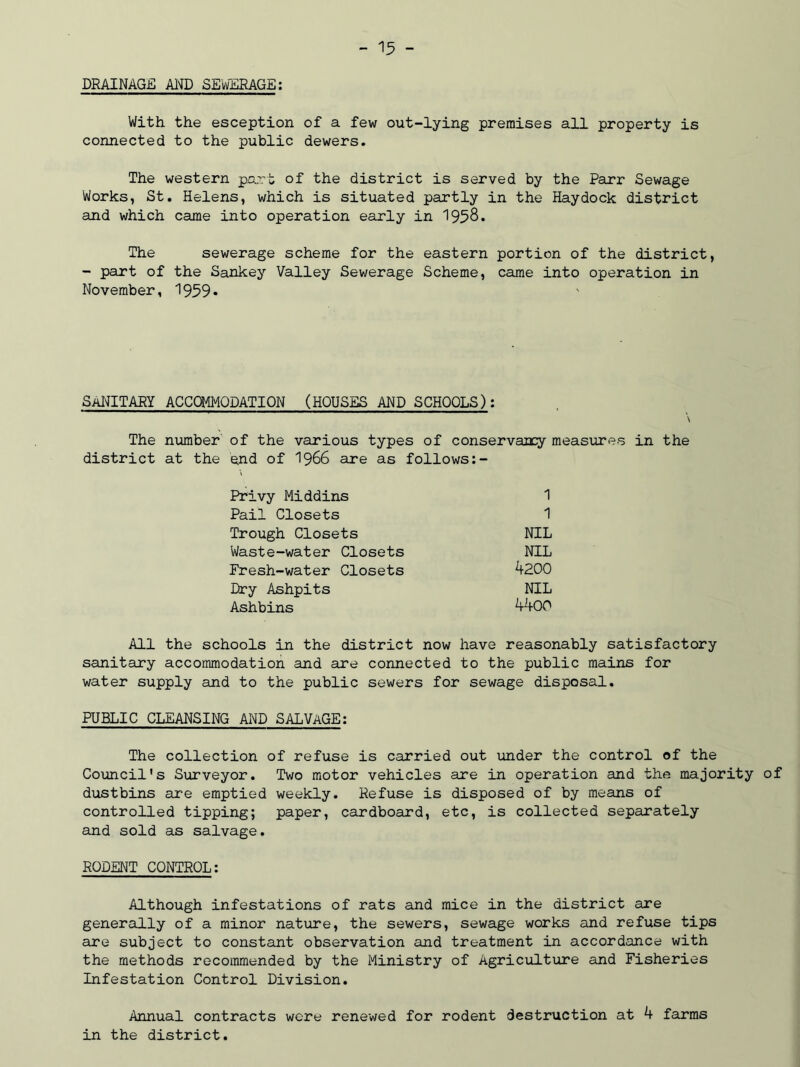 DRAINAGE Al'fD SEWERAGE: With the esception of a few out-lying premises all property is connected to the public dewers. The western part of the district is served by the Parr Sewage Works, St. Helens, which is situated partly in the Haydock district and which came into operation early in 1958. The sewerage scheme for the eastern portion of the district, - part of the Sankey Valley Sewerage Scheme, came into operation in November, 1959* Sanitary accommodation (houses and schools): \ The number of the various types of conservancy measures in the district at the end of 1966 are as follows:- Privy Middins 1 Pail Closets 1 Trough Closets NIL Waste-water Closets NIL Fresh-water Closets 4200 Dry Ashpits NIL Ashbins 4400 All the schools in the district now have reasonably satisfactory sanitary accommodation and are connected to the public mains for water supply and to the public sewers for sewage disposal. PUBLIC CLEANSING AND SALVAGE: The collection of refuse is carried out under the control of the Council's Surveyor. Two motor vehicles are in operation and the majority of dustbins are emptied weekly. Refuse is disposed of by means of controlled tipping; paper, cardboard, etc, is collected separately and sold as salvage. RODENT CONTROL: Although infestations of rats and mice in the district are generally of a minor nature, the sewers, sewage works and refuse tips are subject to constant observation and treatment in accordance with the methods recommended by the Ministry of Agriculture and Fisheries Infestation Control Division. Annual contracts were renewed for rodent destruction at 4 farms in the district.