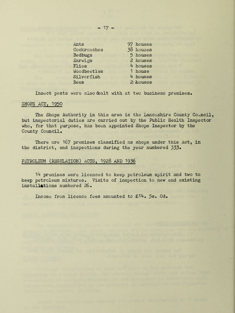Ants Cockroaches Bedbugs Earwigs Flies VJoodbeetles Silverfish Bees 97 houses 38 houses 3 houses 2 houses 4 houses 1 house 4 houses 2/ houses Insect pests were also dealt with at two business premises* SHOPS ACT, 1950 The Shops Authority in this area is the Lancashire County Council, but inspectorial duties are carried out by the Public Health Inspector who, for that purpose, has been appointed Shops Inspector by the County Council. There are I67 premises classified as shops under this Act, in the district, and inspections during the year numbered 333* PETROLEUM (REGULATION) ACTS, 1928 AND 1936 14 premises were licenced to keep petroleum spirit and two to keep petroleum mixtures. Visits of inspection to new and existing installations numbered 26. Income from licence fees amounted to £14. 3s. Od.