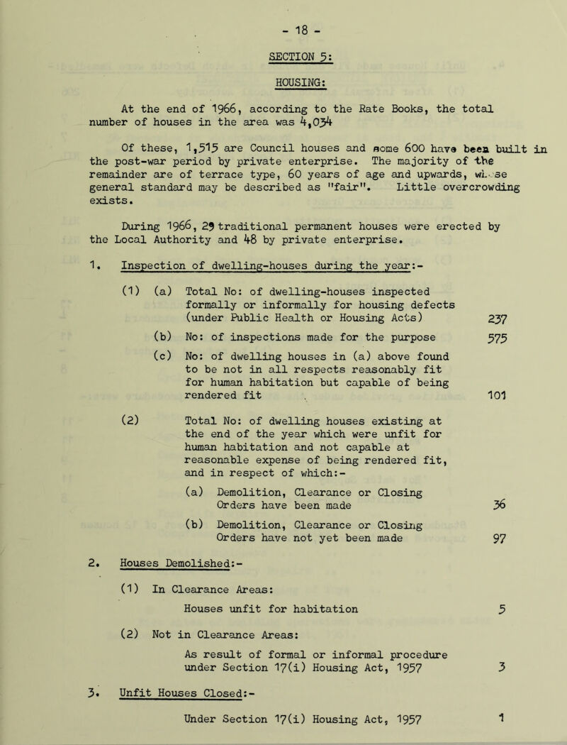 SECTION 5: HOUSING: At the end of 1966, according to the Rate Books, the total number of houses in the area was 4,03^- Of these, 1,515 are Council houses and some 600 have beea built in the post-war period by private enterprise. The majority of i,he remainder are of terrace type, 60 years of age and upwards, wL se general standard may be described as fair”. Little overcrowding exists. During 1966, 29 traditional permanent houses were erected by the Local Authority and ^>8 by private enterprise. 1. Inspection of dwelling-houses during the year:- (D (a) (b) (c) (2) Total No: of dwelling-houses inspected formally or informally for housing defects (under Public Health or Housing Acts) No: of inspections made for the purpose No: of dwelling houses in (a) above found to be not in all respects reasonably fit for human habitation but capable of being rendered fit Total No: of dwelling houses existing at the end of the year which were unfit for human habitation and not capable at reasonable expense of being rendered fit, and in respect of which:- 2. Houses Demolished:- (1) In Clearance Areas: Houses unfit for habitation (2) Not in Clearance Areas: As result of formal or informal procedure under Section 17(i) Housing Act, 1957 3. Unfit Houses Closed:- 237 575 101 (a) Demolition, Orders have Clearance or been made Closing 36 (b) Demolition, Orders have Clearance or not yet been Closing made 97 Under Section 17(i) Housing Act, 1957