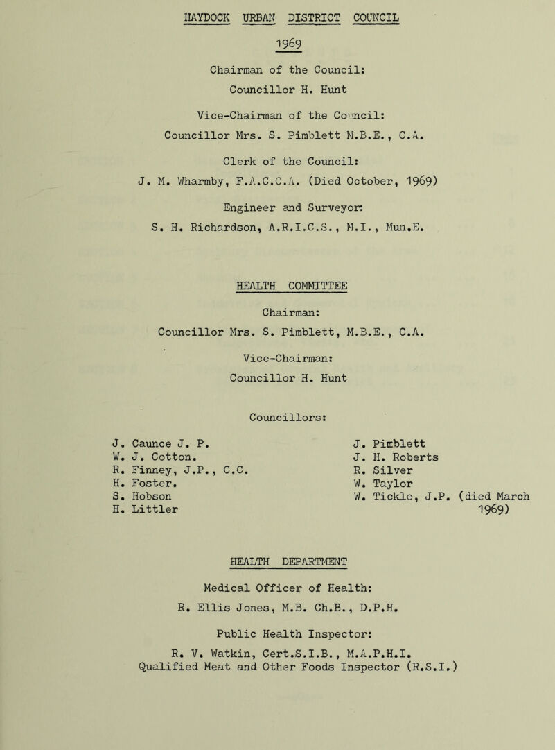 1969 Chairman of the Council: Councillor H. Hunt Vice-Chairman of the Council: Councillor Mrs. S. Pimblett M.B.E., C.A. Clerk of the Council: J. M. Wharmby, F.A.C.C.A. (Died October, 19&9) Engineer and Surveyor: S. H. Richardson, A.R.I.C.S., M.I., Mun.E. HEALTH COMMITTEE Chairman: Councillor Mrs. S. Pimblett, M.B.E., C.A. Vic e-Chairman: Councillor H. Hunt Councillors: J. Caunce J. P. W. J. Cotton. R. Finney, J.P., C.C. H. Foster. S. Hobson H. Littler J. Pimblett J. H. Roberts R. Silver W. Taylor W. Tickle, J.P HEALTH DEPARTMENT Medical Officer of Health: R. Ellis Jones, M.B. Ch.B., D.P.H. Public Health Inspector: R. V. Watkin, Cert.S.I.B., M.A.P.H.I, Qualified Meat and Other Foods Inspector (R.S.I (died March 1969)