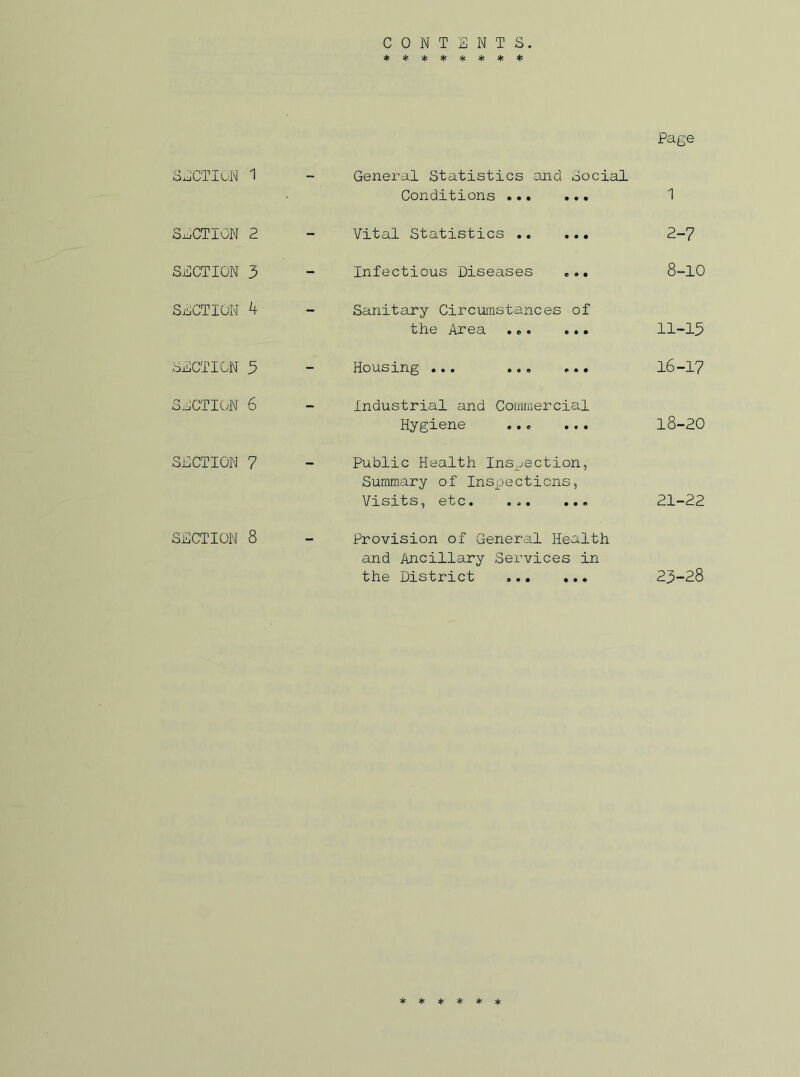 Page CONTENTS. ******** D.0OTICN 1 General Statistics and Social Conditions 1 SECTION 2 - Vital Statistics 2-7 SECTION 3 - Infectious Diseases ... 8-io SECTION 4 - Sanitary Circumstances of the Area ... ... 11-13 SECTION 3 « Housing ... ... ... 16-17 SECTION 6 M Industrial and Commercial Hygiene 18-20 SECTION 7 — Public Health Inspection, Summary of Inspections, Visits, etc. ... ... 21-22 SECTION 8 - Provision of General Health and Ancillary Services in the District 23-28 ******