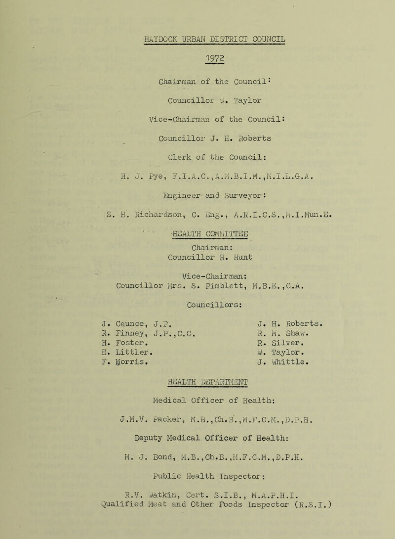 1972 Chairman of the Council• Councillor W. Taylor Vice-Chairman of the Council: Councillor J. II. Roberts Clerk of the Council: H. J. Pye, F.I.A.C.,A.M.B.I.M.,M.I.L.G.A. Engineer-and Surveyor: S. H. Richardson, C. Eng., A.R.I.C.S.,M.I.Mun.E. ■HEALTH COMMITTEE Chairman: Councillor H. Hunt Vice-Chair man: Councillor Mrs. S. Pimblett, M.B.E.,C.A. Councillors: J. Caunce, J.p. J. H. Roberts. R. Finney, J.P.,C.C. R. M. Shaw. H. Foster. R. Silver. H. Littier. W. Taylor. F. I^orris. J. Whittle. HEALTH DEPARTMENT Medical Officer of Health: J.M.V. packer, M.B.,Ch.B.,M.F.C.M.,D.P.H. Deputy Medical Officer of Health: M. J. Bond, M.B.,Ch.B.,M.F.C.M.,D.P.H. Public Health Inspector: R. V. Watkin, Cert. S-. I. B., M. A. P. II. I. Qualified Meat and Other Foods Inspector (R.S.I.)