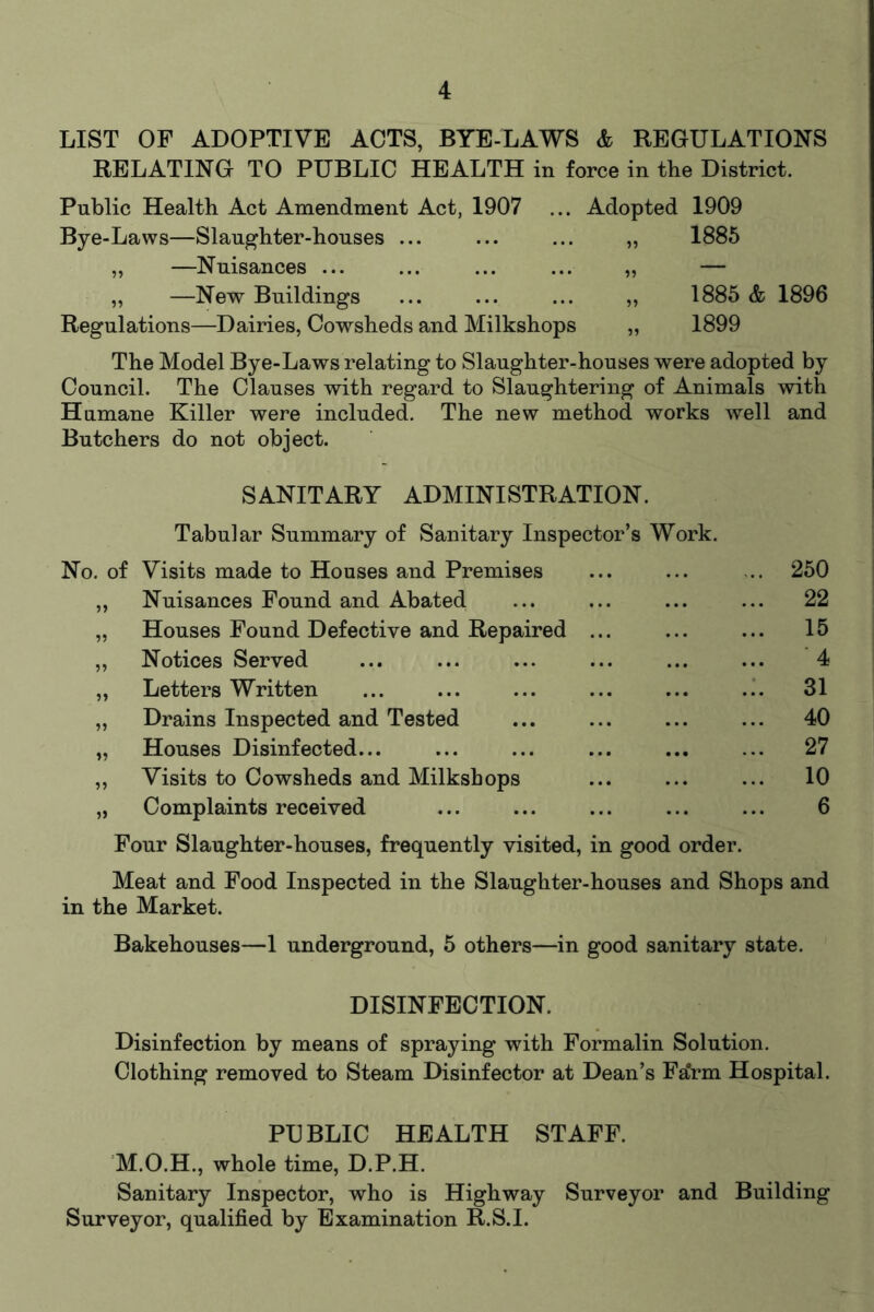 LIST OF ADOPTIVE ACTS, BYE-LAWS & REGULATIONS RELATING TO PUBLIC HEALTH in force in the District. Public Health Act Amendment Act, 1907 ... Adopted 1909 Bye-Laws—Slaughter-houses ... ... ... „ 1885 „ —Nuisances ... ... ... ... „ — „ —New Buildings ... ... ... „ 1885 & 1896 Regulations—Dairies, Cowsheds and Milkshops „ 1899 The Model Bye-Laws relating to Slaughter-houses were adopted by Council. The Clauses with regard to Slaughtering of Animals with Humane Killer were included. The new method works well and Butchers do not object. SANITARY ADMINISTRATION. Tabular Summary of Sanitary Inspector’s Work. No. of Visits made to Houses and Premises ... ... ... 250 „ Nuisances Found and Abated ... ... ... ... 22 „ Houses Found Defective and Repaired ... ... ... 15 „ Notices Served ... ... ... ... ... ... 4 „ Letters Written ... ... ... ... ... ... 31 „ Drains Inspected and Tested ... ... ... ... 40 „ Houses Disinfected... ... ... ... ... ... 27 „ Visits to Cowsheds and Milkshops ... ... ... 10 „ Complaints received ... ... ... ... ... 6 Four Slaughter-houses, frequently visited, in good order. Meat and Food Inspected in the Slaughter-houses and Shops and in the Market. Bakehouses—1 underground, 5 others—in good sanitary state. DISINFECTION. Disinfection by means of spraying with Formalin Solution. Clothing removed to Steam Disinfector at Dean’s Fsirm Hospital. PUBLIC HEALTH STAFF. M.O.H., whole time, D.P.H. Sanitary Inspector, who is Highway Surveyor and Building Surveyor, qualified by Examination R.S.I.