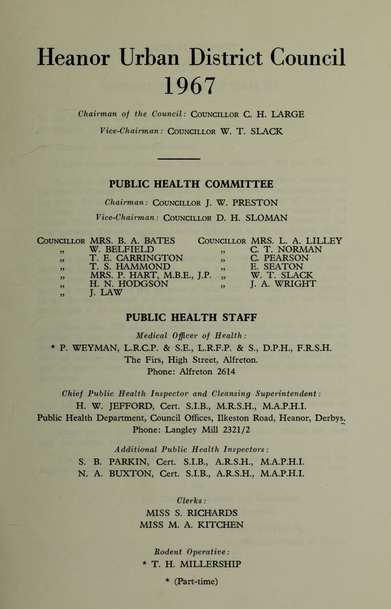 Heanor Urban District Council 1967 Chairman of the Council: Councillor C. H. LARGE Vice-Chairman: COUNCILLOR W. T. SLACK PUBLIC HEALTH COMMITTEE Chairman: Councillor J. W. PRESTON Vice-Chairman: Councillor D. H. SLOMAN Councillor MRS. B. A. BATES Councillor MRS. L. A. LILLEY 55 W. BELFIELD 55 C. T. NORMAN 5> T. E. CARRINGTON 55 C. PEARSON 55 T. S. HAMMOND 55 E. SEATON 55 MRS. P. HART, M.B.E., J.P. 55 W. T. SLACK 55 H. N. HODGSON 55 J. A. WRIGHT 55 J. LAW PUBLIC HEALTH STAFF Medical Officer of Health: * P. WEYMAN, L.R.C.P. & S.E., L.R.F.P. & S., D.P.H., F.R.S.H. The Firs, High Street, Alfreton. Phone: Alfreton 2614 Chief Public Health Inspector and Cleansing Superintendent: H. W. JEFFORD, Cert. S.I.B., M.R.S.H., M.A.P.H.I. Public Health Department, Council Offices, Ilkeston Road, Heanor, Derbys. Phone: Langley Mill 2321/2 Additional Public Health Inspectors: S. B. PARKIN, Cert. S.I.B., A.R.S.H., M.A.P.H.I. N. A. BUXTON, Cert. S.I.B., A.R.S.H., M.A.P.H.I. Clerks : MISS S. RICHARDS MISS M. A. KITCHEN Rodent Operative: * T. H. MILLERSHIP * (Part-time)