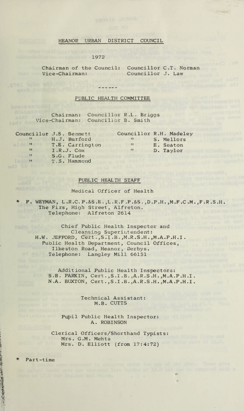 HEANOR URBAN DISTRICT COUNCIL 1972 Chairman of the Council: Councillor C.T. Norman Vice-Chairman: Councillor J. Law PUBLIC HEALTH COMMITTEE Chairman: Councillor R.L. Briggs Vice-Chairman: Councillor B. Smith Councillor J.S. Bennett ’* H.J. Burford T.E. Carrington '* I.R.J. Cox S.G. Flude T..S» Hammond Councillor R.H. Madeley '» S. Me Hors '* E. Seaton D. Taylor PUBLIC HEALTH STAFF Medical Officer of Health * P. WEYMAN, L.R.C.P.&S.E..L.R.F.P.&S.,D.P.H.,M.F.C.M.,F.R.S.H. The Firs, High Street, Alfreton. Telephone: Alfreton 2614 Chief Public Health Inspector and Cleansing Superintendent: H.W. JEFFORD, Cert . ,S .B. ,M .R .S .H . ,M .A .P .H . I . Public Health Department, Council Offices, Ilkeston Road, Heanor, Derbys. Telephone: Langley Mill 66151 Additional Public Health Inspectors: S.B. PARKIN, Cert.,S.I.B.,A.R.S.H.,M.A.P.H.I. N.A. BUXTON, Cert.,S.I .B. ,A.R.S.H.,M.A.P.H.I. Technical Assistant: M.B. CUTTS Pupil Public Health Inspector: A. ROBINSON Clerical Officers/Shorthand Typists: Mrs . G.M. Mehta Mrs. D. Elliott (from 17:4:72) * Part-time