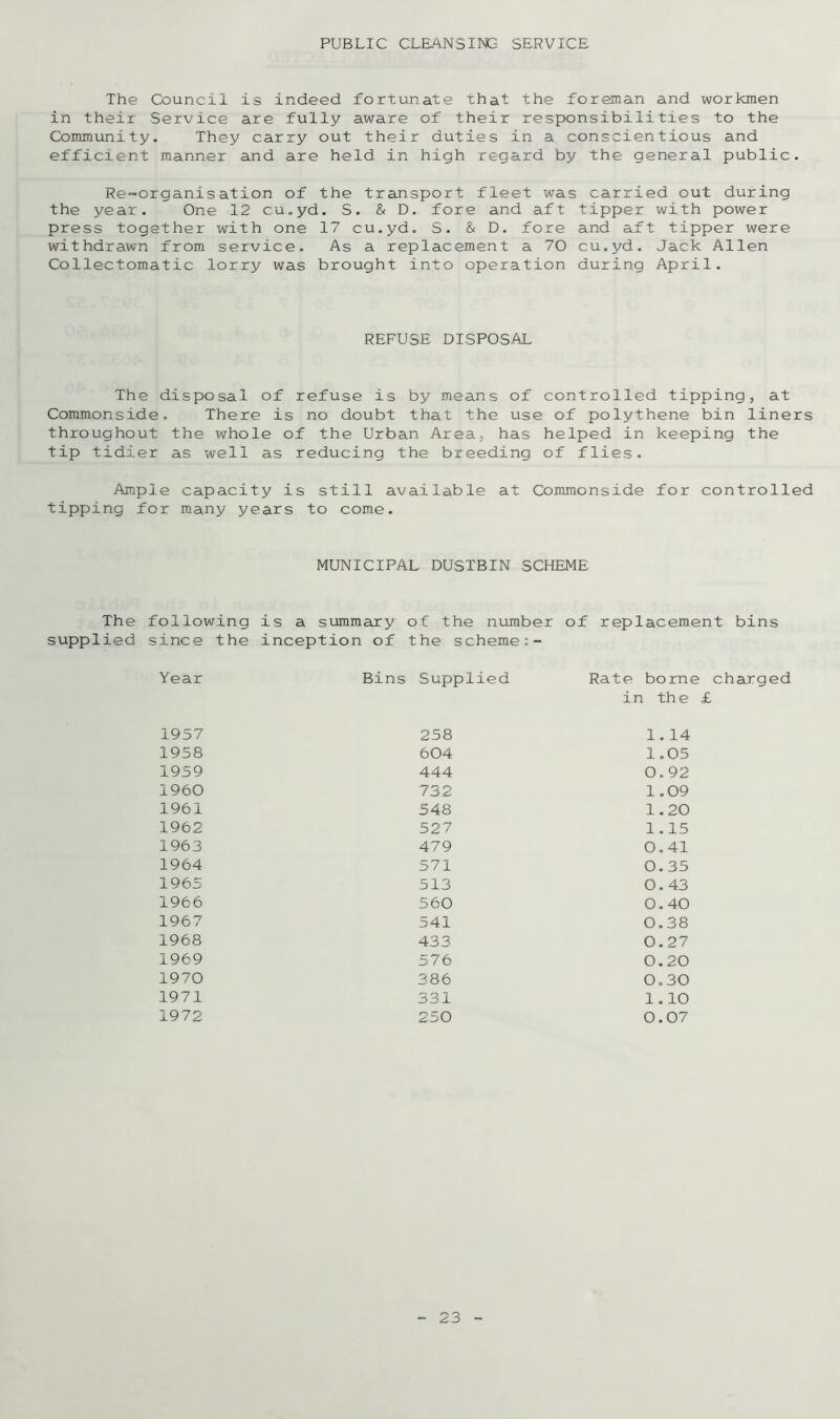PUBLIC CLEANSING SERVICE The Council is indeed fortunate that the foreman and workmen in their Service are fully aware of their responsibilities to the Community. They carry out their duties in a conscientious and efficient manner and are held in high regard by the general public. Re-organisation of the transport fleet was carried out during the year. One 12 cu.yd. S. & D. fore and aft tipper with power press together with one 17 cu.yd. S. & D. fore and aft tipper were withdrawn from service. As a replacement a 70 cu.yd. Jack Allen Collectomatic lorry was brought into operation during April. REFUSE DISPOSAL The disposal of refuse is by means of controlled tipping, at Commonside. There is no doubt that the use of polythene bin liners throughout the wThole of the Urban Area, has helped in keeping the tip tidier as well as reducing the breeding of flies. Ample capacity is still available at Commonside for controlled tipping for many years to come. MUNICIPAL DUSTBIN SCHEME The following is a summary of the number of replacement bins supplied since the inception of the scheme Year Bins Supplied Rate borne in the £ 1957 258 1.14 1958 604 1.05 1959 444 0.92 1960 732 1.09 1961 548 1.20 1962 527 1.15 1963 479 0.41 1964 571 0.35 1965 513 0.43 1966 560 0.40 1967 541 0.38 1968 433 0.27 1969 576 0.20 1970 386 0.30 1971 331 1.10 1972 250 0.07