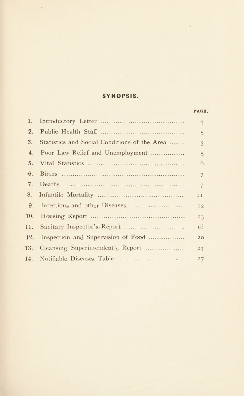 SYNOPSIS. PAGE. 1. Introductory Letter 4 2. Public Health Staff 5 3. Statistics and Social Conditions of the Area 5 4. Poor Law Relief and Unemployment 5 5. Vital Statistics 6 6. Births 7 7. Deaths 7 8. Infantile Mortality 11 9. Infectious and other Diseases 12 10. Housing Report 13 11. Sanitary Inspector’s.'Report 16 12. Inspection and Supervision of Food 20 13. Cleansing Superintendent’s. Report 23 14. Notifiable Diseases Table 27