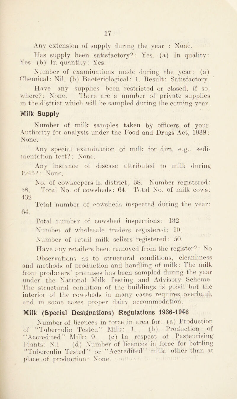 Any extension of supply during the year : None. Has supply been satisfactory?: Yes. (a) In quality: Yes. (b) In quantity: l7es. Number of examinations made during the year: (a) Chemical: Nil. (b) Bacteriological: 1. Result: Satisfactory. Have any supplies been restricted or closed, if so, where?: None. There are a number of private supplies m the district which will be sampled during the coming year. Milk Supply Number of milk samples taken by officers of your Authority for analysis under the Pood and Drugs Act, 1938: None. Any special examination of milk for dirt, e.g., sedi- mentation test?: None. Any instance of disease attributed to milk during 1945?: None. No. of cowkeepers hi district; 38. Number registered: 38. Total No. of cowsheds: 64. Total No. of milk cows: 432 Total number of cowsheds inspected during the year: 64. Total number of cowshed inspections: 132. Nambei of wholesale traders registered: 10. Number of retail milk sellers registered: 50. Have any retailers been removed from the register?: No Observations as to structural conditions, cleanliness and methods of production and handling of milk: The milk from producers’ premises has been sampled during the year under the National Milk Testing and Advisory Scheme. The structural condition of the buildings is good, but the interior of the cowsheds in many cases requires overhaul, and in some cases proper dairy accommodation. Milk (Special Designations) Regulations 1936-1946 Number of licences in force in area for: (a) Production of Tuberculin Tested’’ Milk: 1. (b) Production of Accredited” Milk: 9. (c) In respect of Pasteurising Plants: Nil (d) Number of licences in force for bottling Tuberculin Tested” or Accredited” milk, other than at place of production- None. -