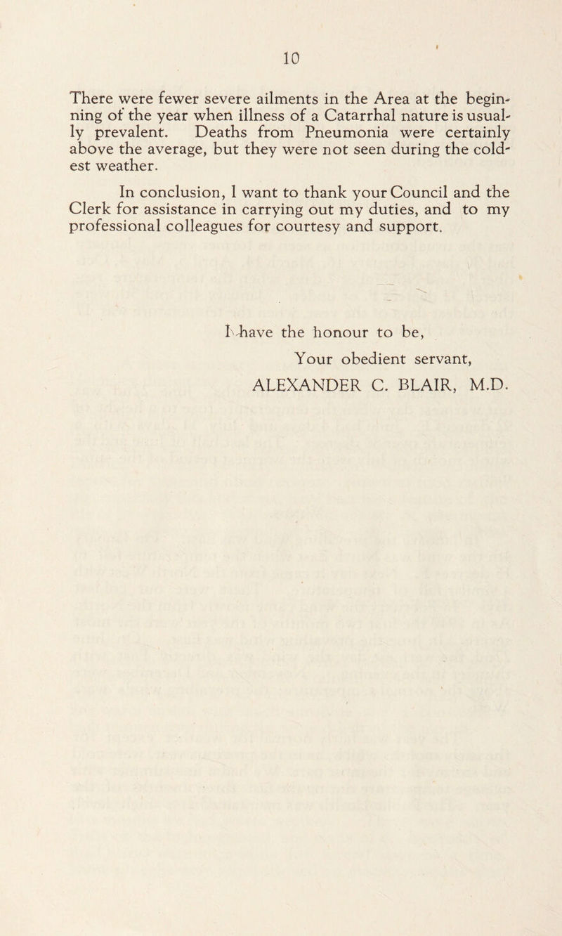 There were fewer severe ailments in the Area at the begin- ning of the year when illness of a Catarrhal nature is usual- ly prevalent. Deaths from Pneumonia were certainly above the average, but they were not seen during the cold- est weather. In conclusion, 1 want to thank your Council and the Clerk for assistance in carrying out my duties, and to my professional colleagues for courtesy and support. Pdiave the honour to be, Your obedient servant, ALEXANDER C. BLAIR, M.D.