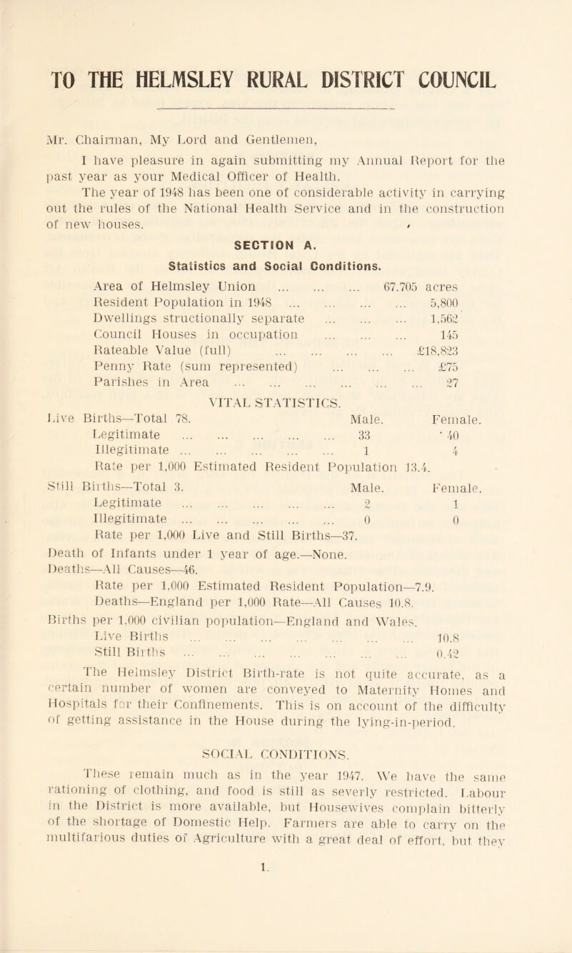 TO THE HELMSLEY RURAL DISTRICT COUNCIL Mr. Chairman, My Lord and Gentlemen, I have pleasure in again submitting my Annual Report for the past year as your Medical Officer of Health. The year of 1948 has been one of considerable activity in carrying out the rules of the National Health Service and in the construction of new houses. / SECTION A. Statistics and Social Conditions. Area of Helmsley Union 67.705 acres Resident Population in 1948 5,800 Dwellings structionally separate 1,562 Council Houses in occupation 145 Rateable Value (full) £18,823 Penny Rate (sum represented) £75 Parishes in Area 27 VITAL STATISTICS. Live Births—Total 78. Male. Female. Legitimate 33 ‘40 Illegitimate 1 4 Rate per 1,000 Estimated Resident Population 13.4. Still Births—Total 3. Male. Female. Legitimate 2 1 Illegitimate 0 0 Rate per 1,000 Live and Still Births—37. Death of Infants under 1 year of age.—None. Deaths—All Causes—46. Rate per 1,000 Estimated Resident Population—7.9. Deaths—England per 1,000 Rate—All Causes 10.8. Births per 1,000 civilian population—England and Wales. Live Births 10.8 Still Births 0.42 The Helmsley District Birth-rate is not quite accurate, as a certain number of women are conveyed to Maternity Homes and Hospitals for their Confinements. This is on account of the difficulty of getting assistance in the House during the lying-in-period. SOCIAL CONDITIONS. These remain much as in the year 1947. We have the same rationing of clothing, and food is still as severly restricted. Labour in the District is more available, but Housewives complain bitterly of the shortage of Domestic Help. Farmers are able to carry on the multifarious duties of Agriculture with a great deal of effort, but they