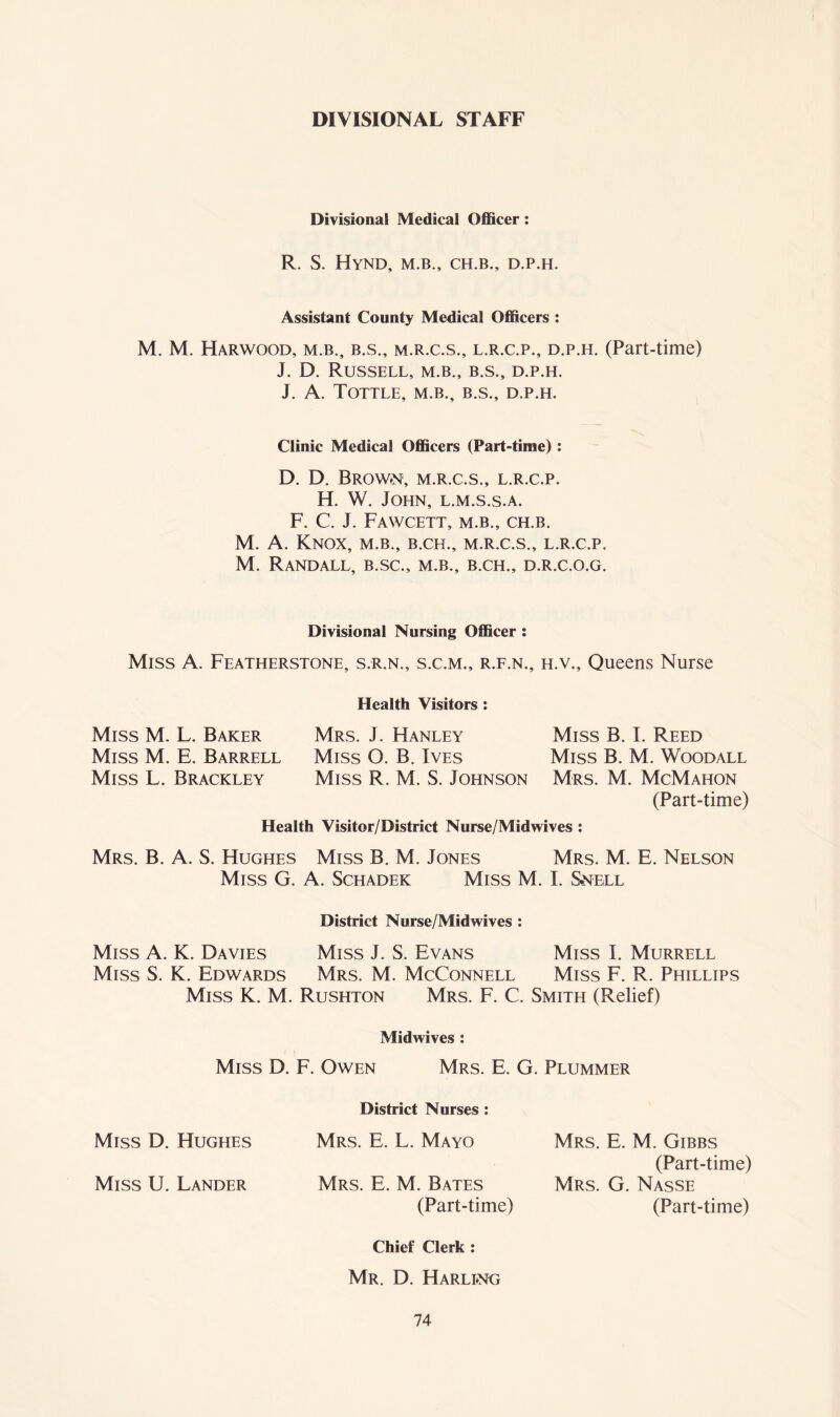 DIVISIONAL STAFF Divisional Medical Officer: R. S. HyND, M.B., CH.B., D.P.H. Assistant County Medical Officers : M. M. Harwood, m.b., b.s., m.r.c.s., l.r.c.p., d.p.h. (Part-time) J. D. Russell, m.b., b.s., d.p.h. J. A. Tottle, m.b., b.s., d.p.h. Clinic Medical Officers (Part-time): D. D. Brown, m.r.c.s., l.r.c.p. H. W. John, l.m.s.s.a. F. C. J. Fawcett, m.b., ch.b. M. A. Knox, m.b., b.ch., m.r.c.s., l.r.c.p. M. Randall, b.sc., m.b., b.ch., d.r.c.o.g. Divisional Nursing Officer : Miss A. Featherstone, s.r.n., s.c.m., r.f.n., h.v.. Queens Nurse Health Visitors: Miss M. L. Baker Mrs. J. Hanley Miss B. I. Reed Miss M. E. Barrell Miss O. B. Ives Miss B. M. Woodall Miss L. Brackley Miss R. M. S. Johnson Mrs. M. McMahon (Part-time) Health Visitor/District Nurse/Midwives : Mrs. B. a. S. Hughes Miss B. M. Jones Mrs. M. E. Nelson Miss G. A. Schadek Miss M. I. Snell District Nurse/Midwives : Miss A. K. Davies Miss J. S. Evans Miss I. Murrell Miss S. K. Edwards Mrs. M. McConnell Miss F. R. Phillips Miss K. M. Rushton Mrs. F. C. Smith (Relief) Midwives : Miss D. F. Owen Mrs. E. G. Plummer Miss D. Hughes District Nurses : Mrs. E. L. Mayo Mrs. E. M. Gibbs Miss U. Lander Mrs. E. M. Bates (Part-time) Mrs. G. Nasse (Part-time) (Part-time) Chief Clerk : Mr. D. Harling