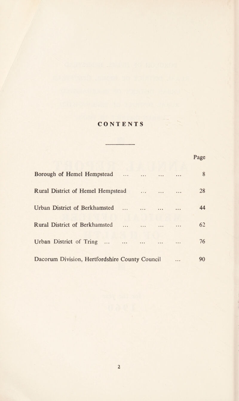 CONTENTS Page Borough of Hemel Hempstead Rural District of Hemel Hempstead Urban District of Berkhamsted Rural District of Berkhamsted Urban District of Tring Dacorum Division, Hertfordshire County Council 8 28 44 62 76 90