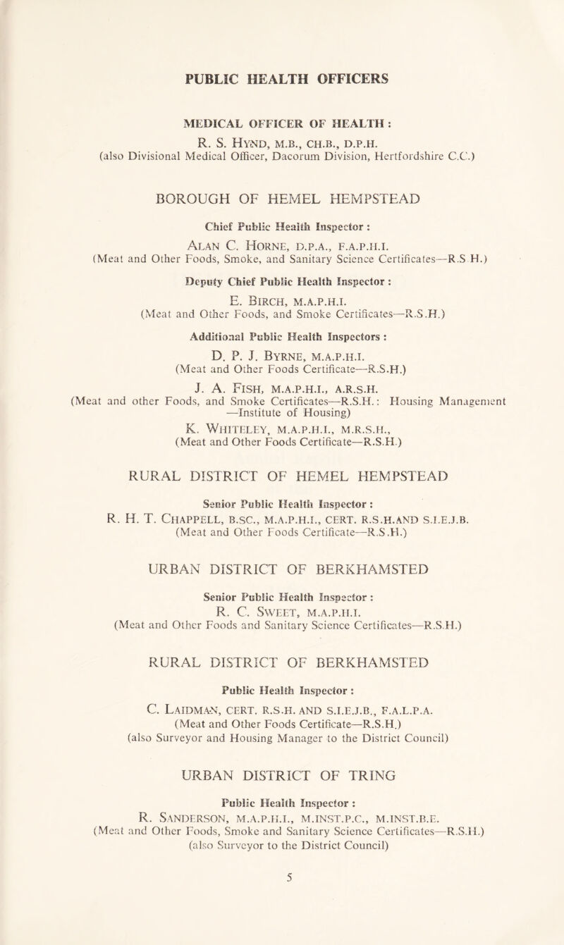 PUBLIC HEALTH OFFICERS MEDICAL OFFICER OF HEALTH : R. S. HYeND, M.B., CH.B., D.P.H. (also Divisional Medical Officer, Dacorum Division, Hertfordshire C.C.) BOROUGH OF HEMEL HEMPSTEAD Chief Public Health Inspector : Alan C. Horne, d.p.a., f.a.p.h.i. (Meat and Other Foods, Smoke, and Sanitary Science Certificates—R.S H.) Deputy Chief Public Health Inspector : E. Birch, m.a.p.h.i. (Meat and Other Foods, and Smoke Certificates—R.S.H.) Additional Public Health Inspectors : D. P. J. Byrne, m.a.p.h.i. (Meat and Other Foods Certificate—R.S.H.) J. A. Fish, m.a.p.h.i., a.r.s.h. (Meat and other Foods, and Smoke Certificates—R.S.H.: Housing Management —Institute of Housing) K. Whiteley, m.a.p.h.i., m.r.s.h., (Meat and Other Foods Certificate—R.S.H.) RURAL DISTRICT OF HEMEL HEMPSTEAD Senior Public Health Inspector: R. H. T. Chappell, b.sc., m.a.p.h.i., cert, r.s.h.and s.i.e.j.b. (Meat and Other Foods Certificate—R.S.H.) URBAN DISTRICT OF BERKHAMSTED Senior Public Health Inspector : R. C. Sweet, m.a.p.h.i. (Meat and Other Foods and Sanitary Science Certificates—R.S.H.) RURAL DISTRICT OF BERKHAMSTED Public Health Inspector : C. Laidman, cert, r.s.h. and s.i.e.j.b., f.a.l.p.a. (Meat and Other Foods Certificate—R.S.H.) (also Surveyor and Housing Manager to the District Council) URBAN DISTRICT OF TRING Public Health Inspector : R. Sanderson, m.a.p.h.i., m.inst.p.c., m.inst.b.e. (Meat and Other Foods, Smoke and Sanitary Science Certificates—R.S.H.) (also Surveyor to the District Council)