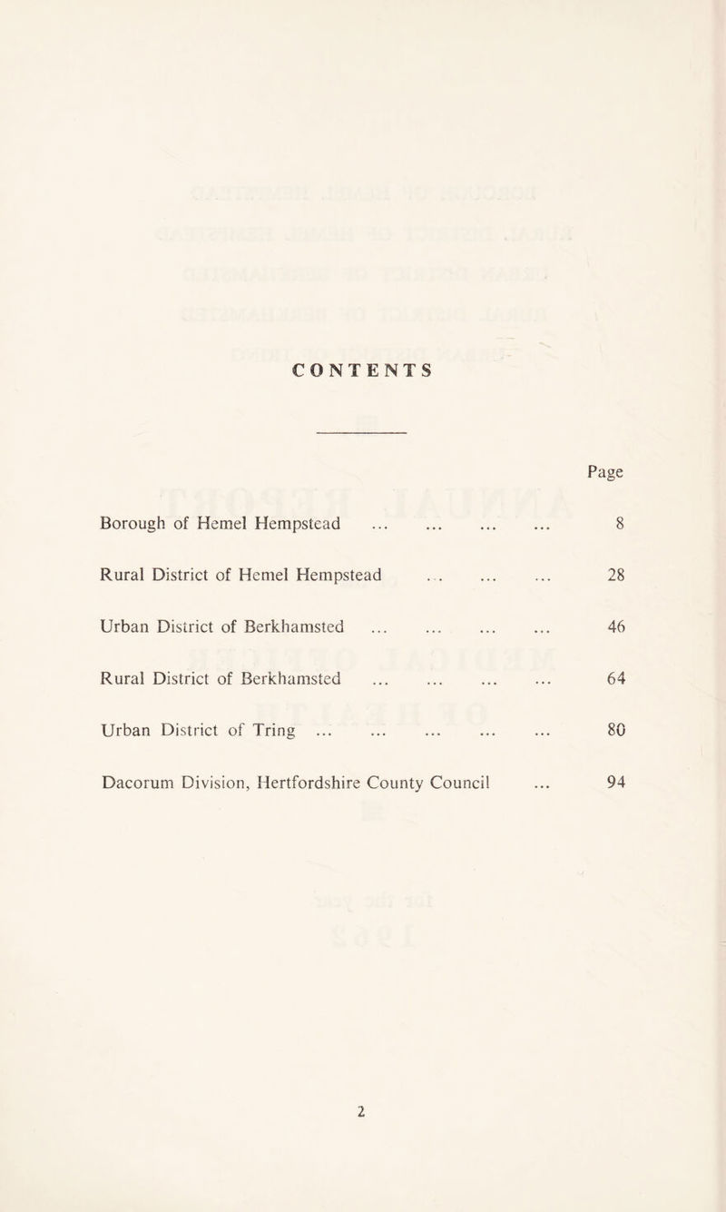 CONTENTS Borough of Hemel Hempstead Rural District of Hemel Hempstead Urban District of Berkhamsted Rural District of Berkhamsted Urban District of Tring Dacorum Division, Hertfordshire County Council Page 8 28 46 64 80 94