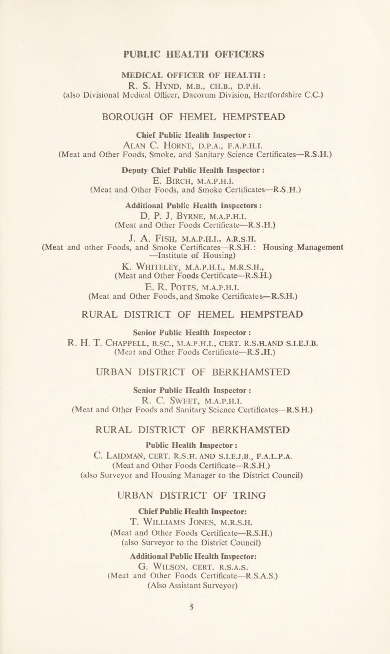 PUBLIC HEALTH OFFICERS MEDICAL OFFICER OF HEALTH : R. S. Hand, M.B., CH.B., D.P.H. (also Divisional Medical Officer, Dacorum Division, Hertfordshire C.C.) BOROUGH OF HEMEL HEMPSTEAD Chief Public Health Inspector : Alan C. Horne, d.p.a., f.a.p.h.i. (Meat and Other Foods, Smoke, and Sanitary Science Certificates—R.S.H.) Deputy Chief Public Health Inspector : E. Birch, m.a.p.h.i. (Meat and Other Foods, and Smoke Certificates—R.S.H.) Additional Public Health Inspectors : D. P. J. Byrne, m.a.p.h.i. (Meat and Other Foods Certificate—R.S.H.) J. A. Fish, m.a.p.h.i., a.r.s.h. (Meat and other Foods, and Smoke Certificates—R.S.H.: Housing Management —Institute of Housing) K. Weiiteley, m.a.p.h.i., m.r.s.h., (Meat and Other Foods Certificate—R.S.H.) E. R. Potts, m.a.p.h.i. (Meat and Other Foods, and Smoke Certificates—R.S.H.) RURAL DISTRICT OF HEMEL HEMPSTEAD Senior Public Health Inspector : R. H. T. Chappell, b.sc., m.a.p.h.i., cert, r.s.h.and s.i.e.j.b. (Meat and Other Foods Certificate—R.S .H.) URBAN DISTRICT OF BERKHAMSTED Senior Public Health Inspector : R. C. Sweet, m.a.p.h.i. (Meat and Other Foods and Sanitary Science Certificates—R.S.H.) RURAL DISTRICT OF BERKHAMSTED Public Health Inspector: C. Laidman, cert, r.s.h.and s.i.e.j.b., f.a.l.p.a. (Meat and Other Foods Certificate—R.S.H.) (also Surveyor and Housing Manager to the District Council) URBAN DISTRICT OF TRING Chief Public Health Inspector: T. Williams Jones, m.r.s.h. (Meat and Other Foods Certificate—R.S.H.) (also Surveyor to the District Council) Additional Public Health Inspector: G. Wilson, cert, r.s.a.s. (Meat and Other Foods Certificate—R.S.A.S.) (Also Assistant Surveyor)